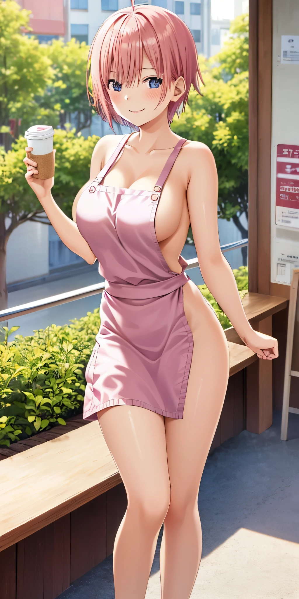 1 girl, alone, Nakano City, pink short hair, (naked:1.3), (white apron), big breasts, split, thigh, cafe background, (blush:1.2), smiling