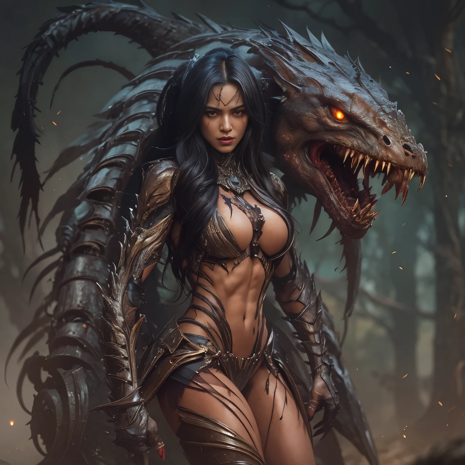 1 female alien, The predator, warrior, (extremely beautiful:1.2), (intense gaze:1.4), (predator:1.1), long dark claws, NSFW,  nipples, thick eyebrows, glowing and shining orenge eyes, the most beautiful face in the universe, black hair,

A woman with an extremely beautiful face, her intense gaze fixed on her prey, a primal force that could not be denied.

(extreamly beautiful lean body:1.5), (ultra muscular build:1.2), (prowling:1.3), (sleek movements:1.4),

Her beautiful body, muscular and toned, moved with sleek grace as she prowled, ready to strike at a moment's notice. The predator within her was always on