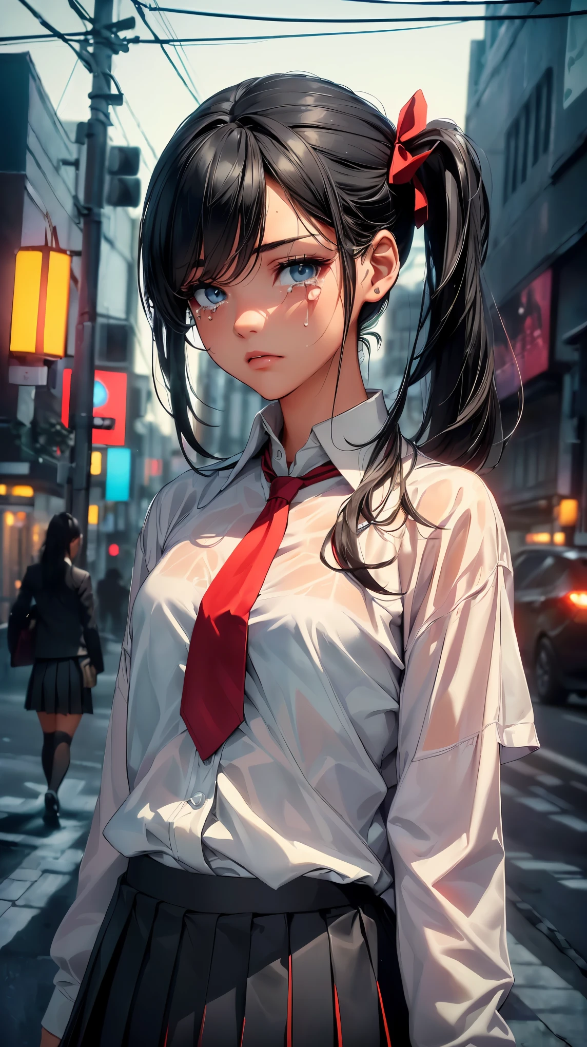 (8K, RAW photo, 最high quality, masterpiece:1.2), High-definition RAW color photo, professional photography, concept art, (((one young woman))), (sharp features), (small face), (high detail skin:1.2), clavicle, cute face, beautiful appearance, beautiful eyelashes, (black hair, black eyes, side ponytail), (beautiful breasts), (slim body shape:1.4), Highly detailed face and skin texture, detailed eyes, double eyelid, ((lonely girl standing:1.2, Desolate streets of Tokyo)), Subtle raindrops glistening on the street, neon flicker, city traffic passing by, quiet and empty street, Dim Street Lights, Neon lights and raindrops illuminate the darkness, flowing, Wet pavement reflecting city lights, (walking around the city at night:1.5), (((Sadness on his face, Hold back your tears:1.2))), Deep shadows and highlights, ((, private high school uniform, White shirt and red tie, black pleated skirt:1.5)), clothes fluttering in the wind, wet clothes, wet hair, reflections on wet pavement, romantic and gloomy, beautiful skin, shiny skin, (((perfect fingers, five fingers, anatomically correct))), background bokeh, high quality, bright colors, ((award winning photography, Realistic light and shadow with attention to detail)), Immersive 3D rendering, Professional 3D artistry,