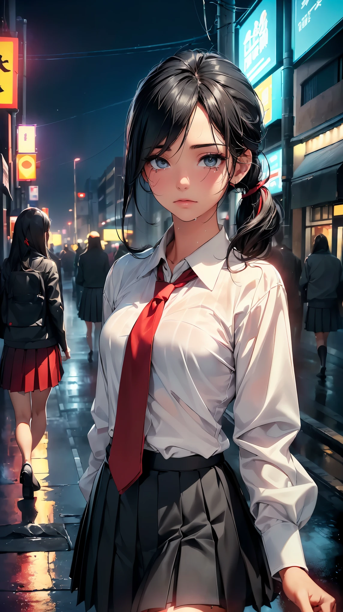 (8K, RAW photo, 最high quality, masterpiece:1.2), High-definition RAW color photo, professional photography, concept art, (((one young woman))), (sharp features), (small face), (high detail skin:1.2), clavicle, cute face, beautiful appearance, beautiful eyelashes, (black hair, black eyes, side ponytail), (beautiful breasts), (slim body shape:1.4), Highly detailed face and skin texture, detailed eyes, double eyelid, ((lonely girl standing:1.2, Desolate streets of Tokyo)), Subtle raindrops glistening on the street, neon flicker, city traffic passing by, quiet and empty street, Dim Street Lights, Neon lights and raindrops illuminate the darkness, flowing, Wet pavement reflecting city lights, (walking around the city at night:1.5), (((Sadness on his face, Hold back your tears:1.2))), Deep shadows and highlights, ((, private high school uniform, White shirt and red tie, black pleated skirt:1.5)), clothes fluttering in the wind, wet clothes, wet hair, reflections on wet pavement, romantic and gloomy, beautiful skin, shiny skin, (((perfect fingers, five fingers, anatomically correct))), background bokeh, high quality, bright colors, ((award winning photography, Realistic light and shadow with attention to detail)), Immersive 3D rendering, Professional 3D artistry,