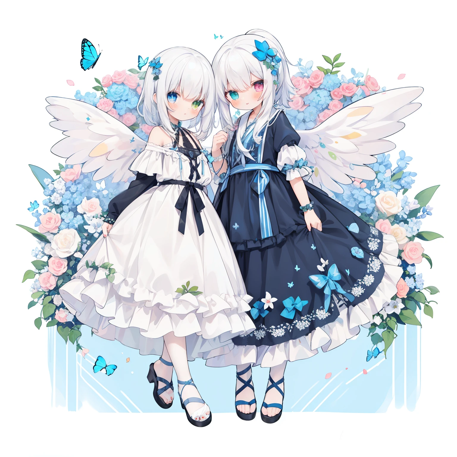 1 girl、1 girl、 ((white hair in a high ponytail：1.3))、smile、heterochromia、, Aster Harmony Garden Sprite,
Jumpsuit with oversized butterfly wings in pastel colors,
Playful ruffles and layers create a whimsical touch,
Narrow your waist to create a beautiful silhouette,
something worn as a crown with a wreath decorated with flowers,
I tied a ribbon to my braided hair..,
Lace-up sandals or ballet shoes with ribbon ties,
Moist makeup with pastel eyeshadow,
Add glitter and petal accents to the cheeks,
Finish with pastel colored nail polish,、 ,thick wool gown:0.7