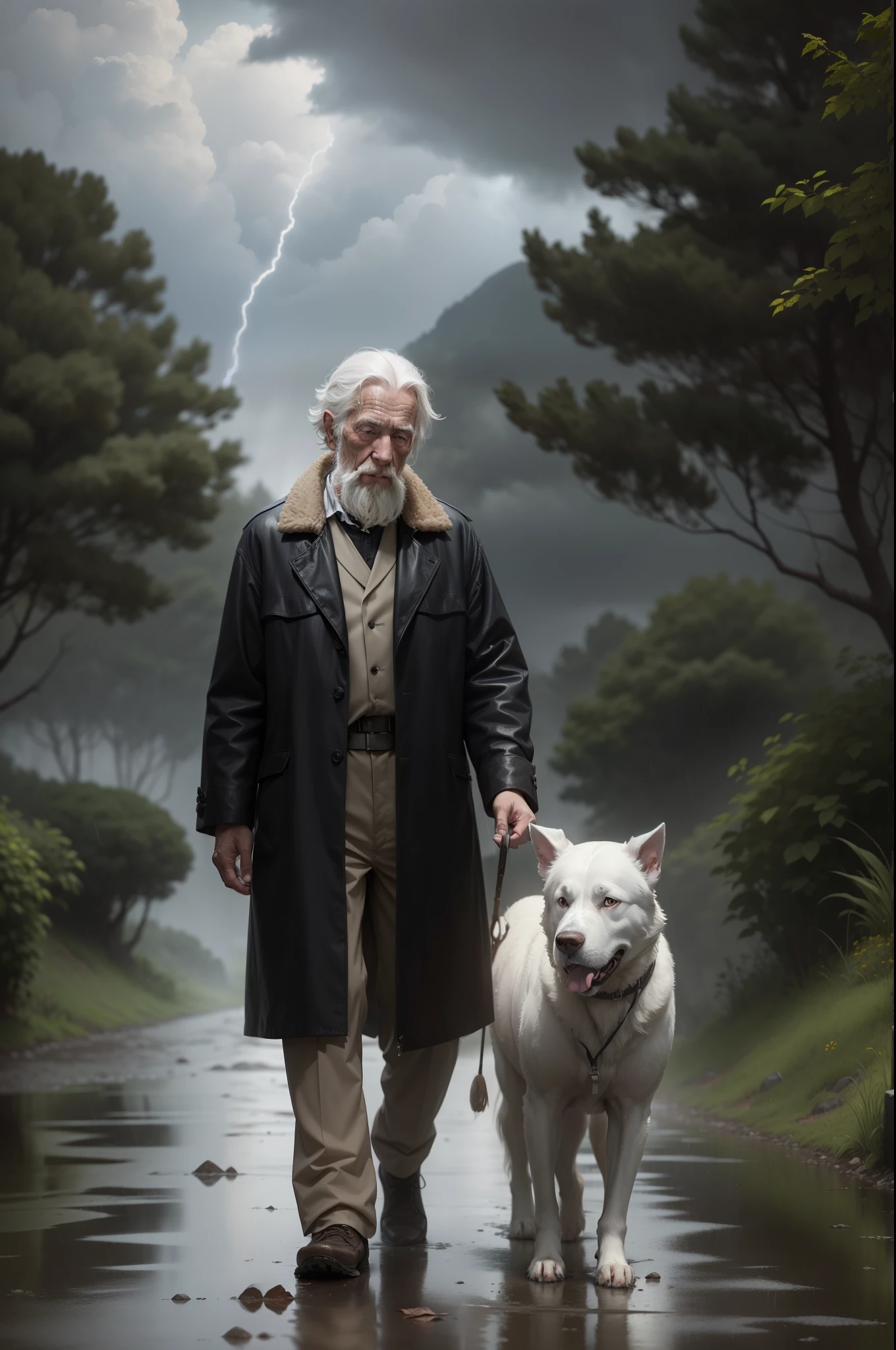 An elderly white-haired man, dressed in weathered clothes, strolls along a winding country road, clutching a worn umbrella against the heavy rain. A loyal white dog, its coat drenched, pads faithfully beside him, its eyes fixed on its owner with loyal devotion. The stormy sky above is a chaotic canvas of grey and black, with the occasional flash of lightning illuminating the scene momentarily, leaving the air charged and the earth damp. Despite the inclement weather, the old man continues his peaceful journey, the crunching of gravel beneath his feet and the pattering of rain against their clothes forming a soothing symphony. The lush green forest lo