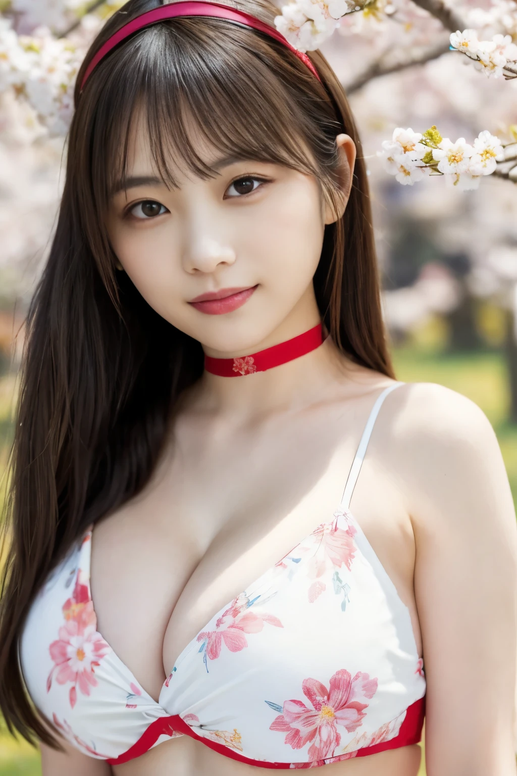 ((masterpiece, highest quality, Super fine, High resolution)), alone, beautiful girl, shining eyes, perfect eyes, beautiful japanese sister, fluffy chest, cleavage, red floral pattern yukata, The background is cherry blossoms in full bloom、(big breasts:2.0、I can see the beautiful underboob)、long hair that reaches to the waist、beautiful hair、brown hair、wear a headband、put on a choker