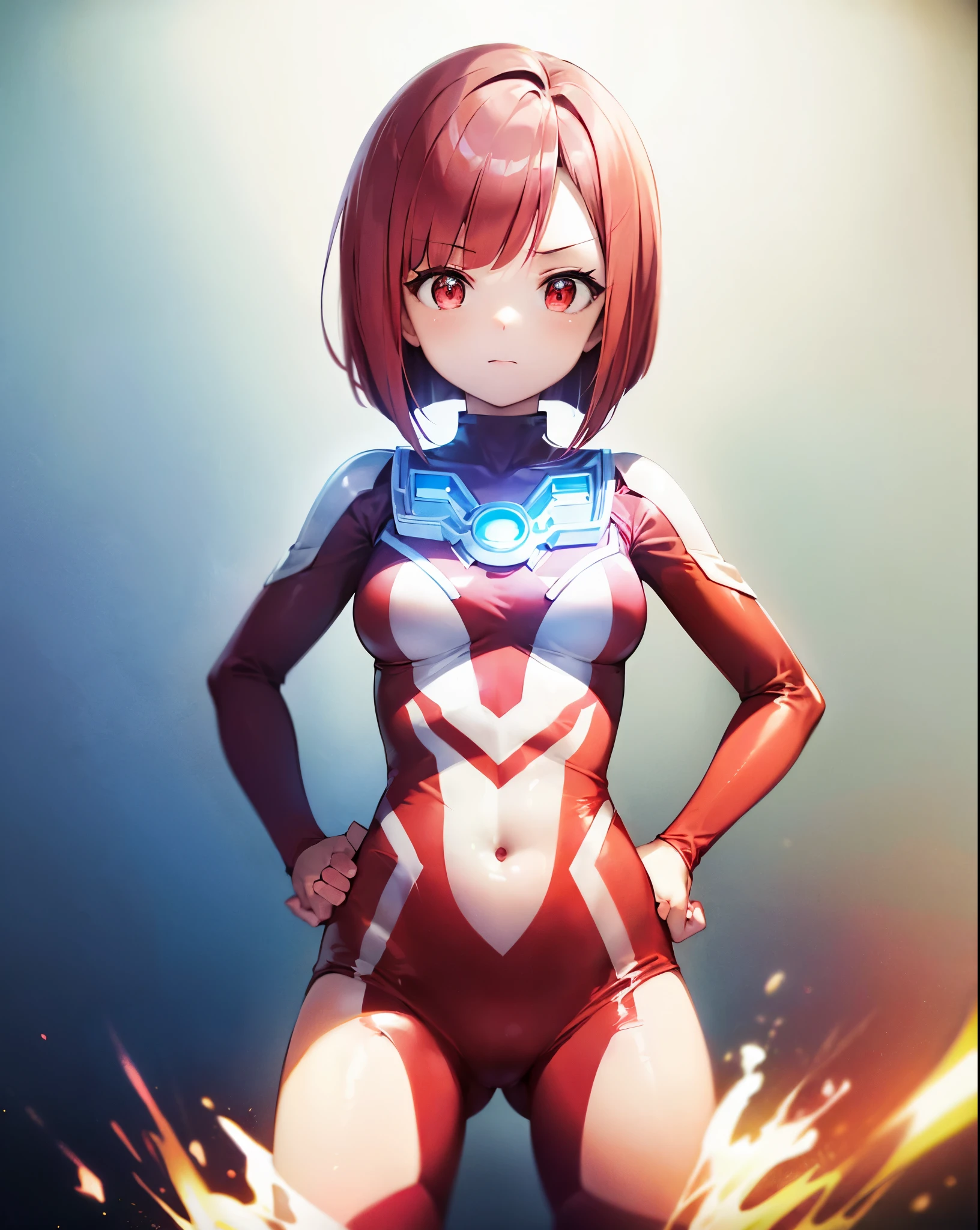 Close-up,highest quality, ultra detail, High quality CG drawing, The most delicate and beautiful, Floating gently, High resolution, (1 girl), (Highest image quality,4K,8K,masterpiece:1.2),(all red hair:1.5),(short bob:1.5),bangs bangs,(red eyes:1.5), (ultra girl :1.0), (silver and red ultraman bodysuit:1.4),slightly bigger breasts,Upper body,(clenched fist:1.2),(put both hands on hips:1.2),(Turn your back to your audience:1.3),butt
