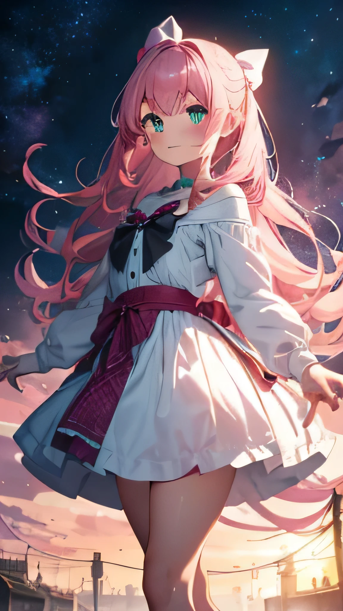 A large amount of magic circles, bows (((masterpiece)), full body ((super detail, highest quality, high resolution, 8k wallpaper)) (one girl) (pink hair, long hair, straight hair, both sides up)) (green eyes), eyeshadow, eyeliner, glow eyes, hyper detail eyes, complex eyes, beautiful eyes, (glowing pink pupils)) 18-year-old girl. Seductive smile, small. Standing on your knees (magic circle, clock) wind, (holding a bow)