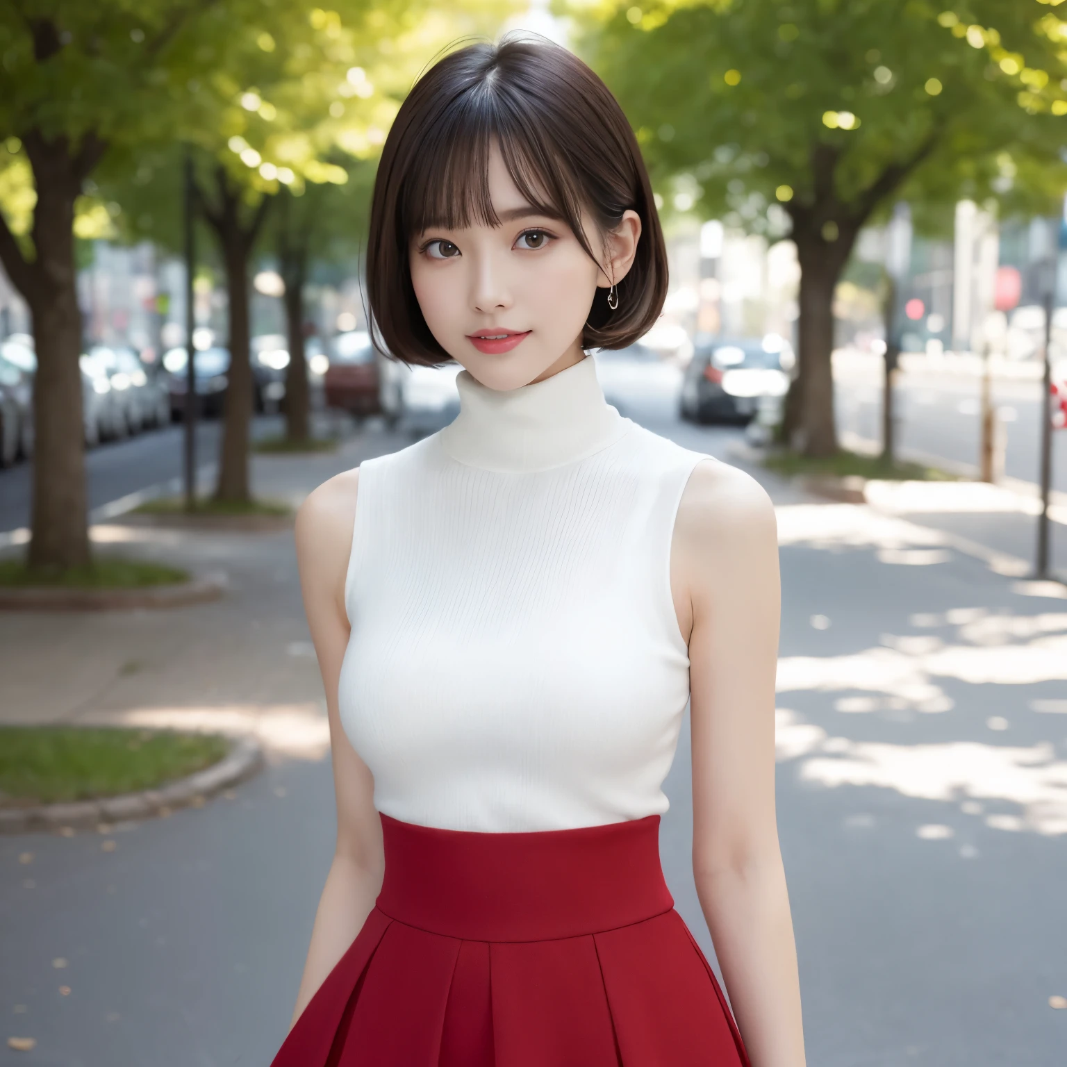 (highest quality、table top、8k、best image quality、Award-winning work)、one beautiful woman、25 years old、(solo:1.1)、perfect beautiful composition、(Huge breasts that are about to burst:1.1)、(perfect fit:1.1)、(emphasize body line:1.1)、(very short very short hair:1.1)、(Perfect center parted bangs:1.1)、slender body、(Perfect white turtleneck sleeveless knit sweater:1.2)、(Elegant red melton skirt:1.2)、(red melton fabric miniskirt:1.1)、(skirt without creases:1.1)、(Boldly exposing her beautiful bare thighs:1.2)、(full body photo:1.2)、look at me and smile、(blurred background:1.1)、(Strongly blurred accurate urban park background:1.1)、Standing gracefully、droopy eyes、natural makeup、Ultra high definition beauty face、ultra high definition hair、Super high-definition sparkling eyes、(Super high-definition shiny white skin:1.1)、Super high resolution glossy lips、accurate anatomy、(very bright and vivid:1.1)、