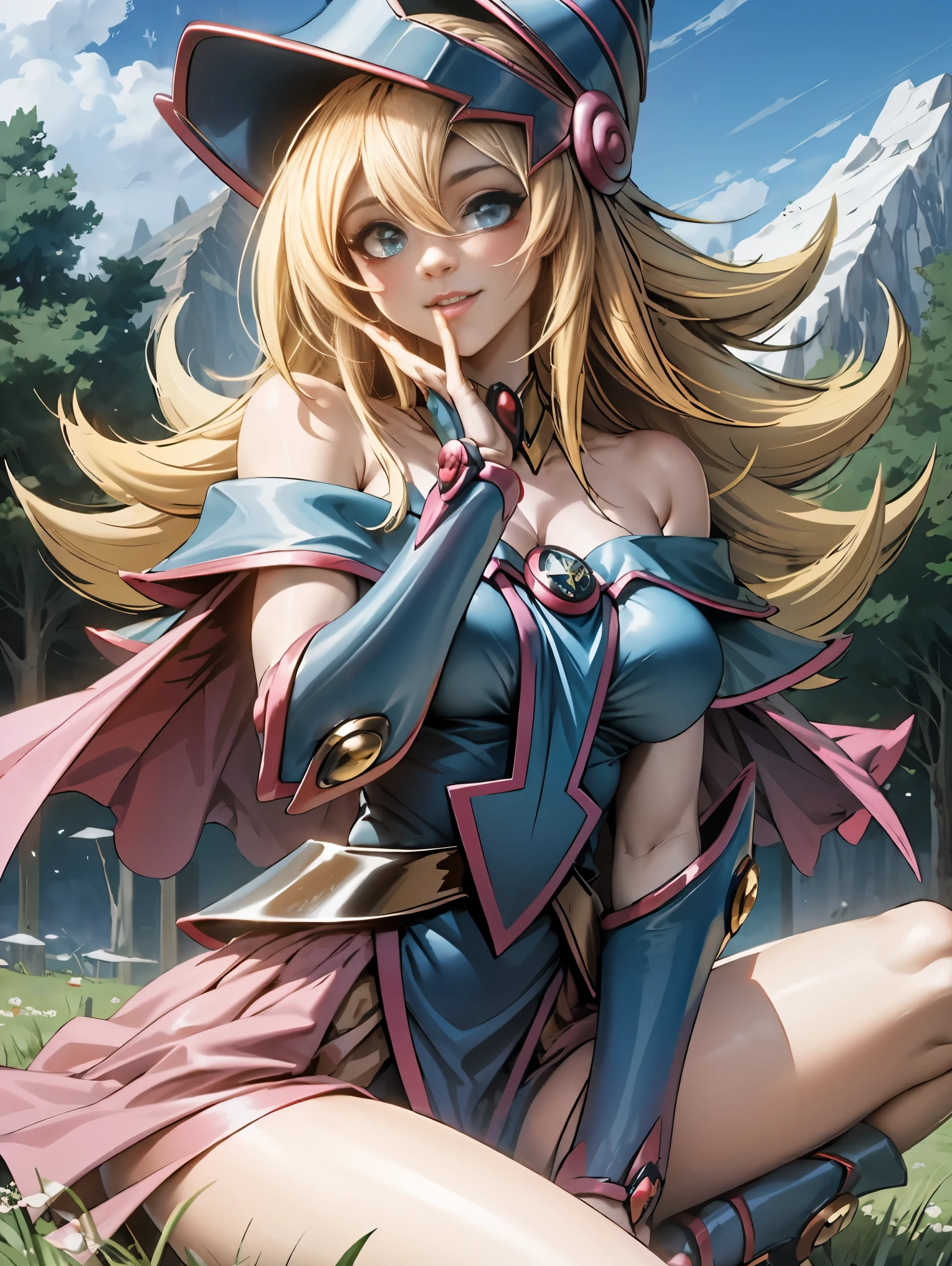 Ereshkigal in the series of destiny levitating in the grass under a tree looking at the viewer looking on smiling, feliz, winking, blowing a kiss with a beautiful mountain landscape behind her from a distant view