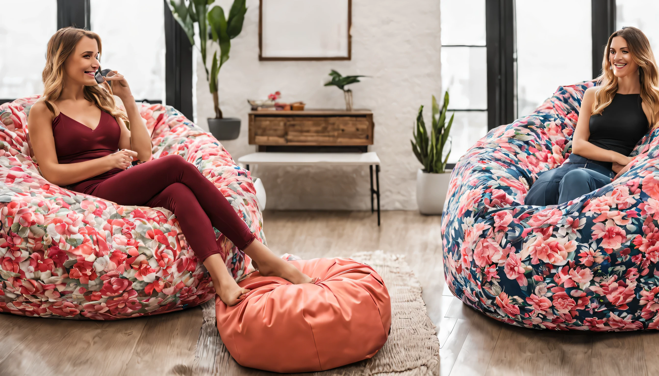 lifestyle photoshoot for an e-commerce beanbag store that sells all-over print and personalized beanbag chair covers. DSLR Canon, candid shots. High-quality advertising and marketing materials. Post-production images. intricate details, real-life models, skin and facial --style raw --ar 2:1
