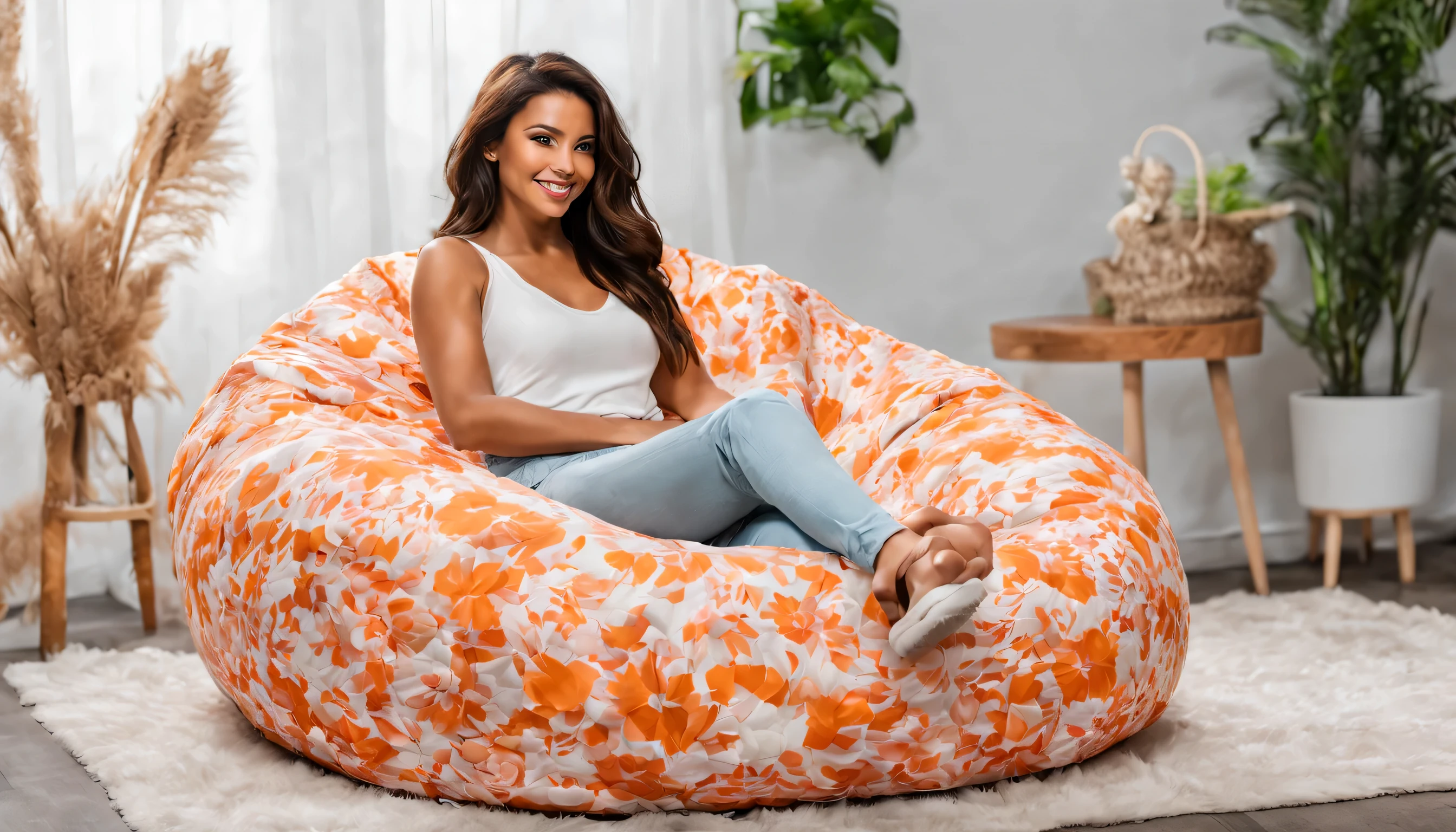 30 year old smiling latin woman sitting in beanbag chair with phone realistic, photo