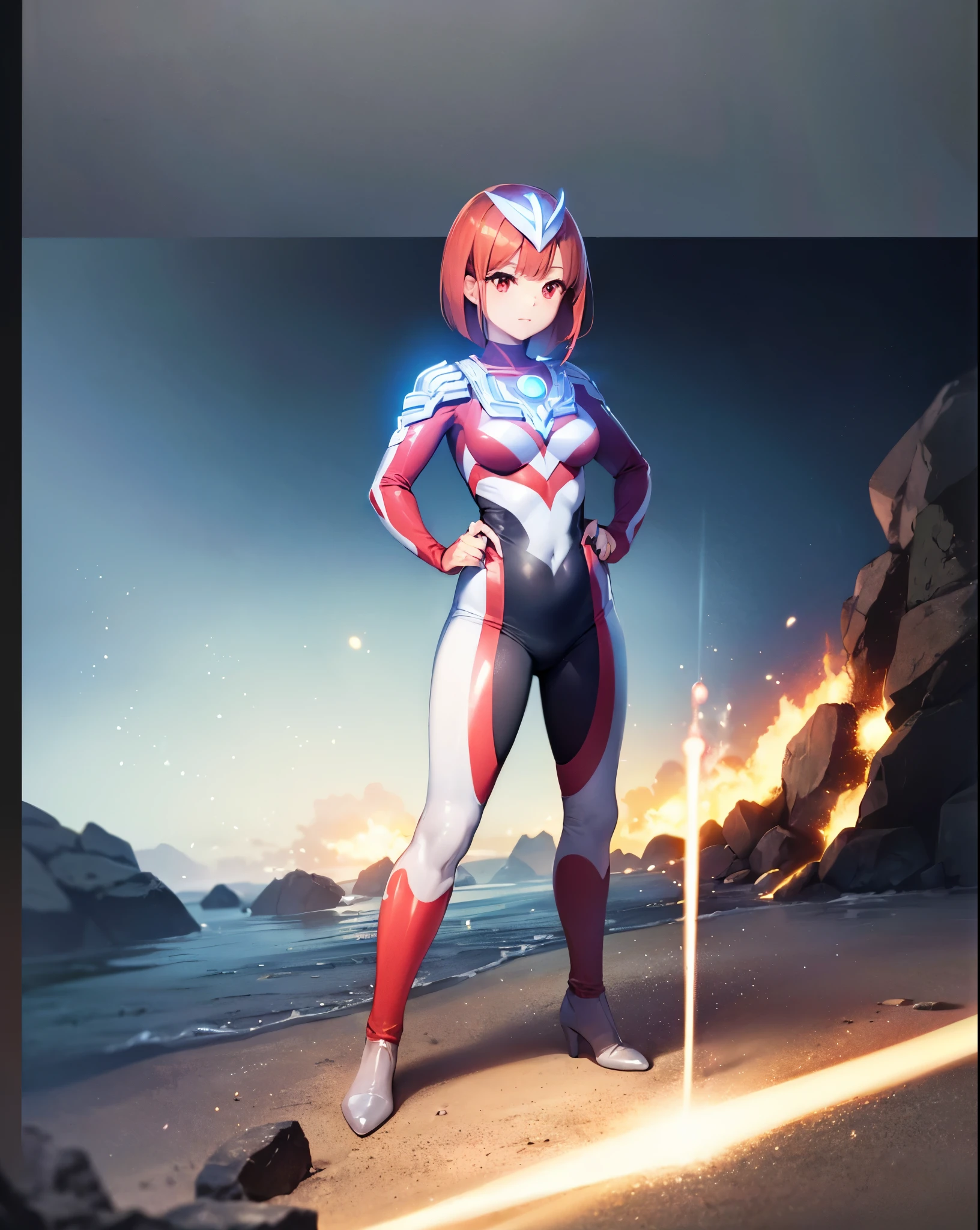 Close-up,highest quality, ultra detail, High quality CG drawing, The most delicate and beautiful, Floating gently, High resolution, (1 girl), (Highest image quality,4K,8K,masterpiece:1.2),(all red hair:1.5),(short bob:1.5),bangs bangs,(red eyes:1.5), (ultra girl :1.0), (silver and red ultraman bodysuit:1.4),slightly bigger breasts,Upper body,(clenched fist:1.2),(put both hands on hips:1.2)