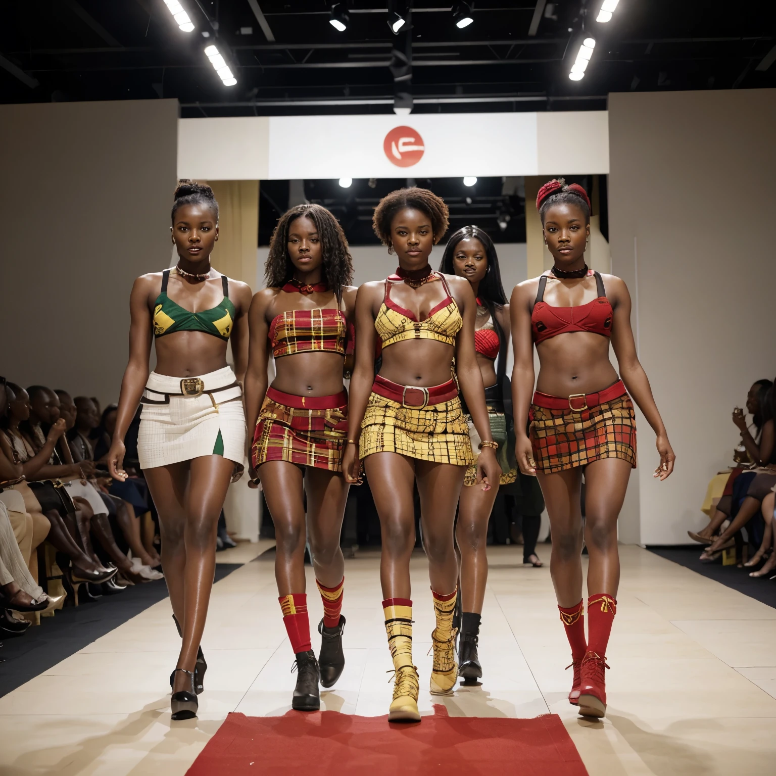 A range of models wearing kilts in pan-African colours.
A group of models on a catwalk.
The models are beautiful. Diverse backgrounds.
The models are wearing kilts. The kilts are decorated in a blocky custom tartan colour pattern. Colours are inspired by the pan-African flag. Black, White, Green, Red. Gold highlights
The women are walking towards the camera.
Spot lighting. 
