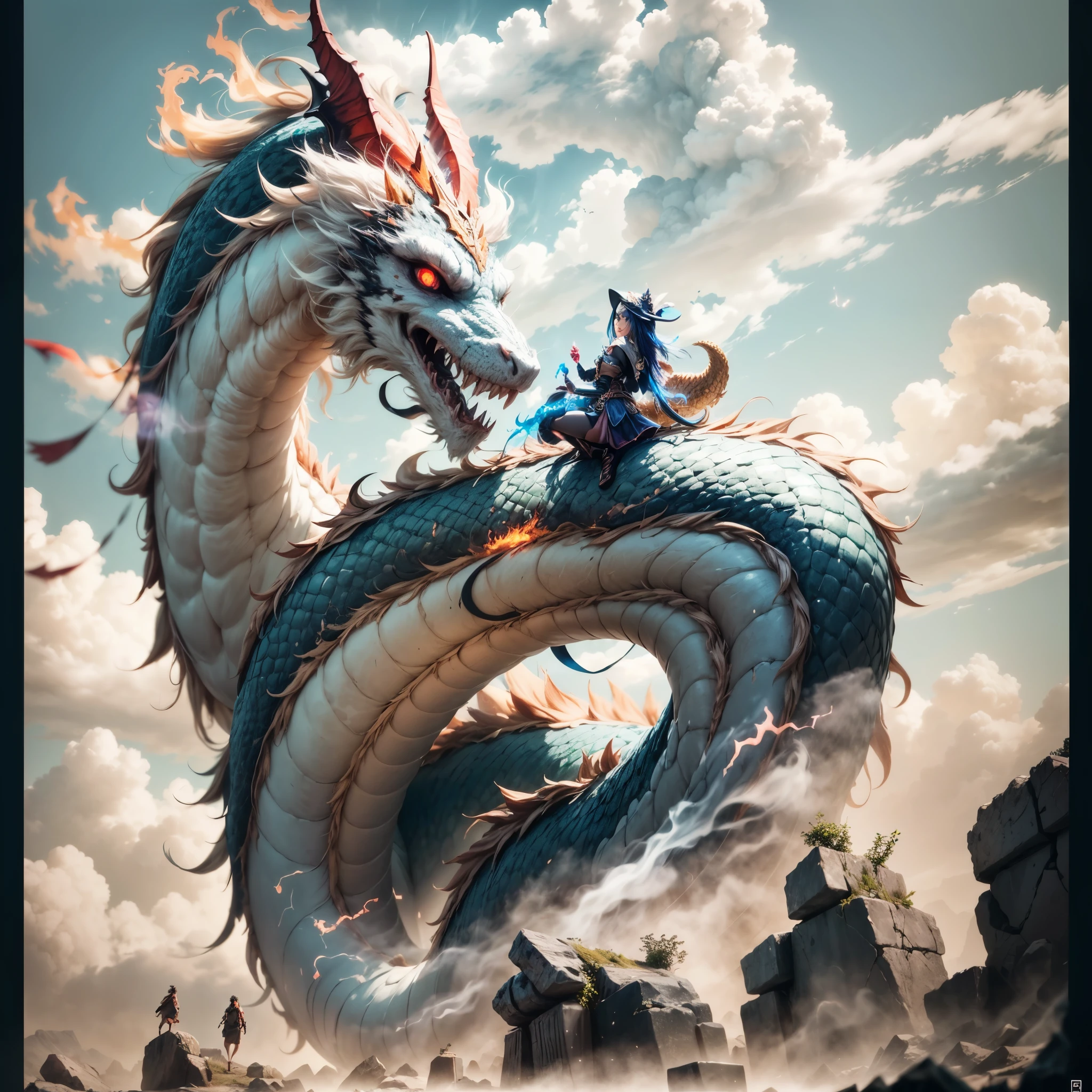 The Chinese White Divine Dragon rose into the air，（Dark Mage manipulates the dragon：1.3），（La chica maga oscura se pone de pie：1.3），pose de batalla. Lanzando echizos 1.4 Las nubes del cielo rodean los alrededores，magia de luz，fantastic background，Significado de fondo，Ridiculous background，There are artistic overlays，cabello rubio, surrealismo, cinematic lighting, Trazado de rayos, Luz de Dios, Speed Line, view angle, hiper HD, obra maestra, La mejor calidad, Super detail, A high resolution, alta calidad，（vista lejana：1.3）(swirling flames:1.4), (glowing ashes:1.3), (eyes glow with ancient wisdom:1.5), (mystical realm:1.3), (sense of enchantment and mystique:1.4), (highly detailed), (sharp focus), (photorealistic).(best quality,4k,8k,highres,masterpiece:1.2),ultra-detailed, HDR, 8k, absurdres, cinestill 800, sharp focus, add_detail:2, (solo, woman)