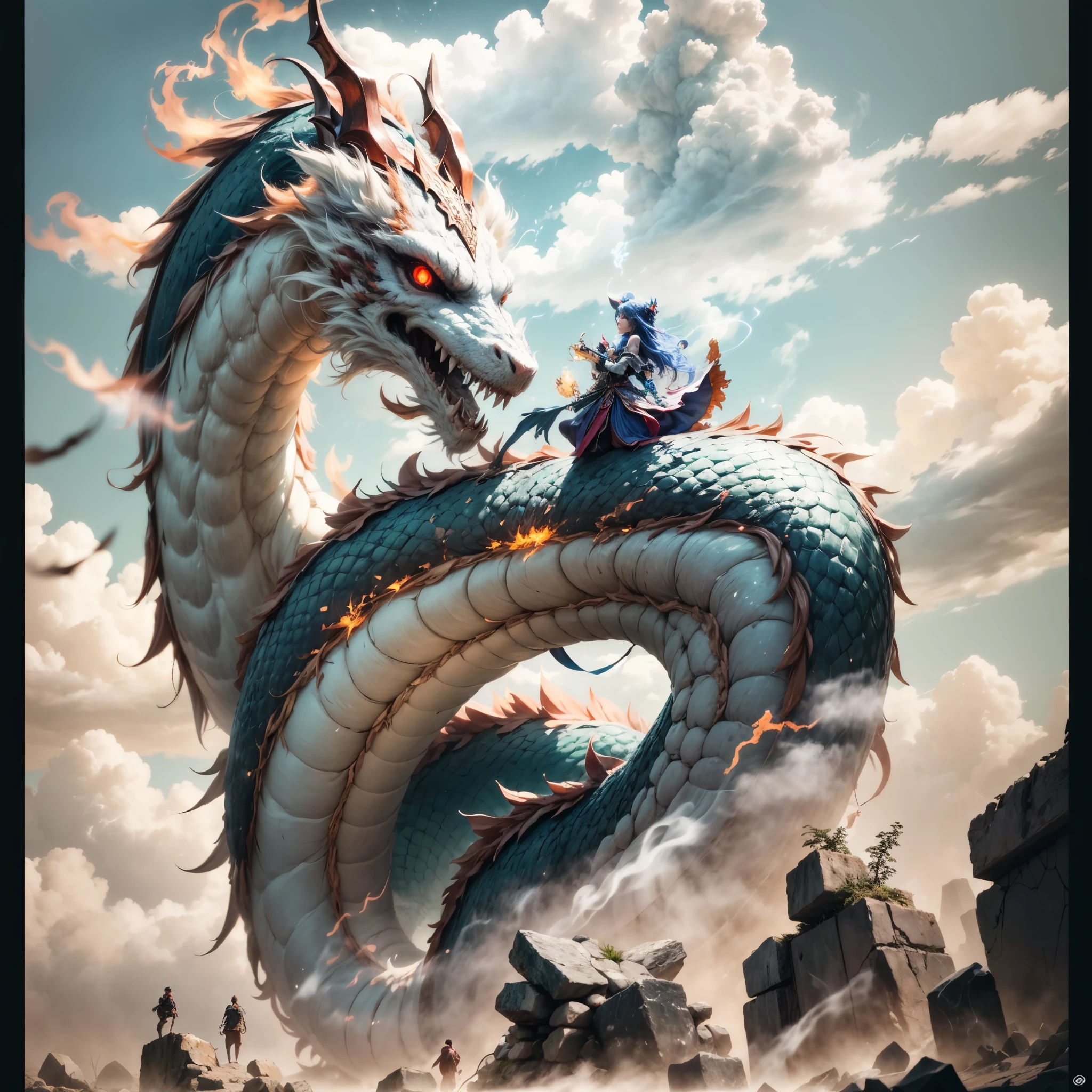 The Chinese White Divine Dragon rose into the air，（Dark Mage manipulates the dragon：1.3），（La chica maga oscura se pone de pie：1.3），pose de batalla. Lanzando echizos 1.4 Las nubes del cielo rodean los alrededores，magia de luz，fantastic background，Significado de fondo，Ridiculous background，There are artistic overlays，cabello rubio, surrealismo, cinematic lighting, Trazado de rayos, Luz de Dios, Speed Line, view angle, hiper HD, obra maestra, La mejor calidad, Super detail, A high resolution, alta calidad，（vista lejana：1.3）(swirling flames:1.4), (glowing ashes:1.3), (eyes glow with ancient wisdom:1.5), (mystical realm:1.3), (sense of enchantment and mystique:1.4), (highly detailed), (sharp focus), (photorealistic).(best quality,4k,8k,highres,masterpiece:1.2),ultra-detailed, HDR, 8k, absurdres, cinestill 800, sharp focus, add_detail:2, (solo, woman)