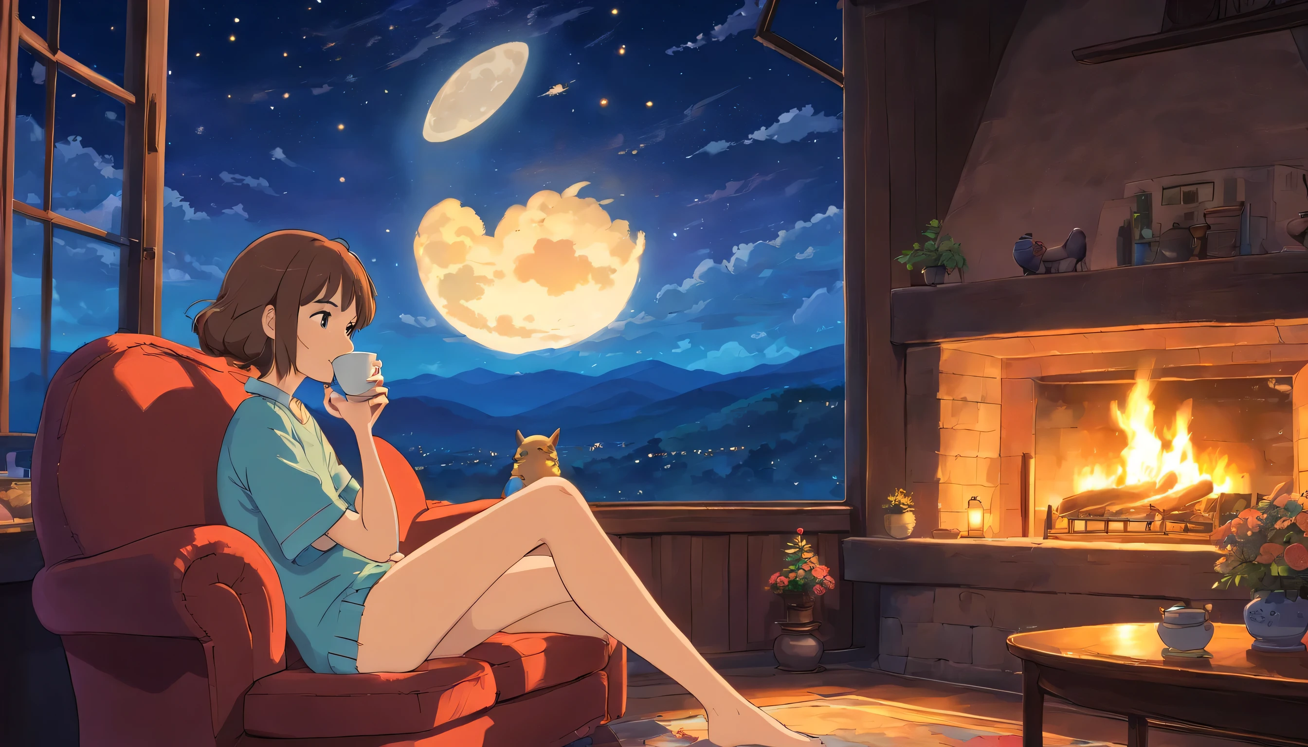 High resolution, 8k,pieces fly,super high quality,Girl sitting on the sofa and drinking coffee,detailed drawing of a girl'body of,The beautiful night sky outside the window,fireplace