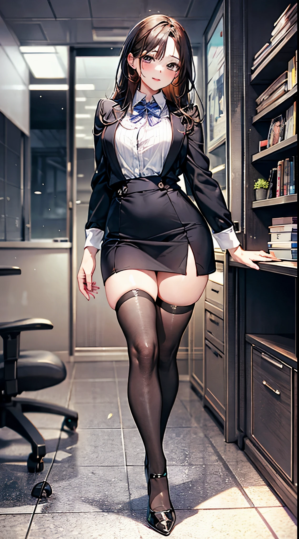 full body photo of a beautiful sexy secretary wearing extremely short skirt and seamed stockings, stands straight, ((solo)), adult, in the office, high heels, craves sex, strokes herself