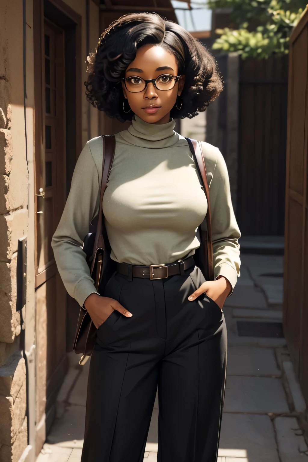 black female, archaeologist, 1950s clothing, pants, anime style, glasses, long bishop sleeve turtleneck, messenger bag, mid length curly hair, early 20s