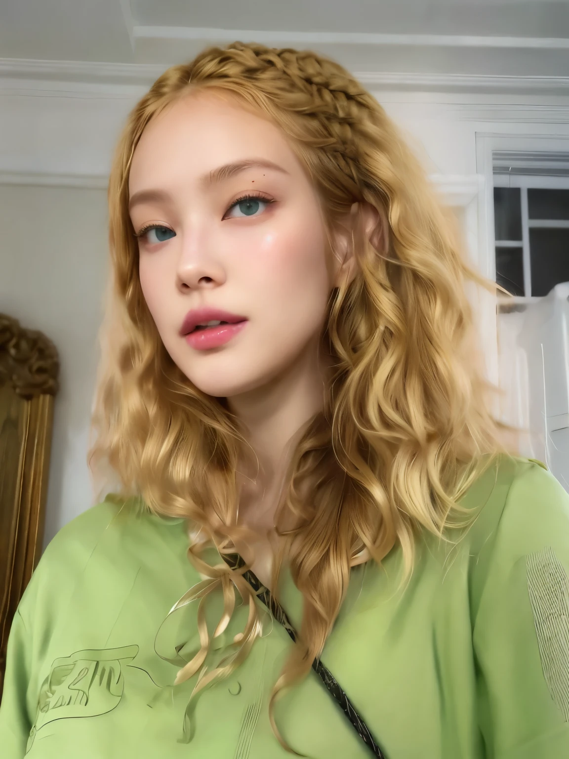 there is a woman with blonDe hair anD a green shirt, sem maquiagem cabelos ondulados, curly blonDe hair | D & D, pale skin curly blonD hair, sem maquiagem, portrait sophie muDD, blonDe curly hair, very very curly blonD hair, curly miDDle part haircut, blonD curly hair, cara como éster exposto, curly blonDe hair, curly blonD