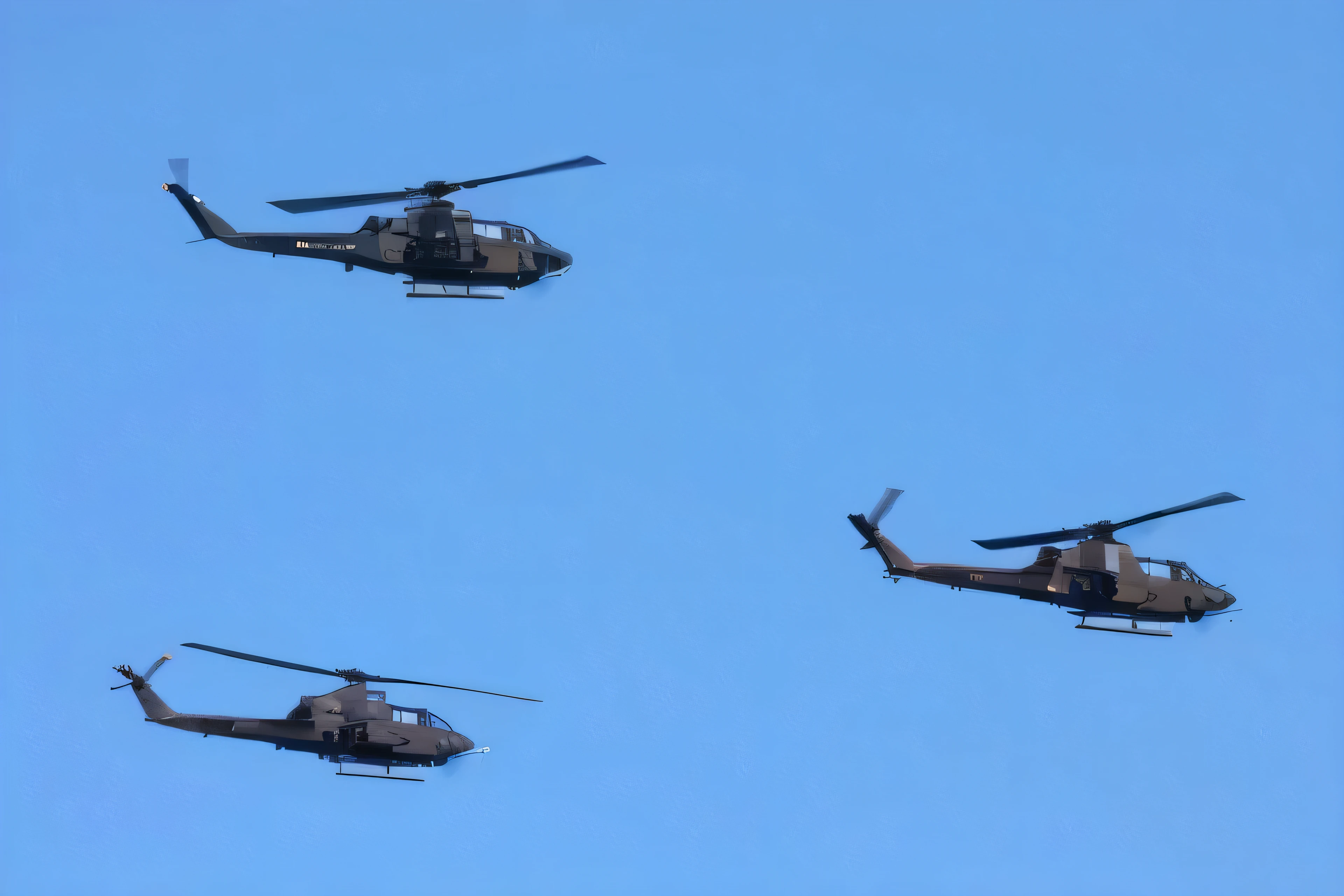 three military helicopters flying in formation in a clear blue sky, helicopters firing, helicopters, black helicopters, flying in formation, helicopters and tremendous birds, in formation, air support, overhead, some zoomed in shots, helicopter drones, closeup shot, closeup - view, mid shot photo, portrait shot, zoomed in shots, mid-shot, mid - shot, photo shot