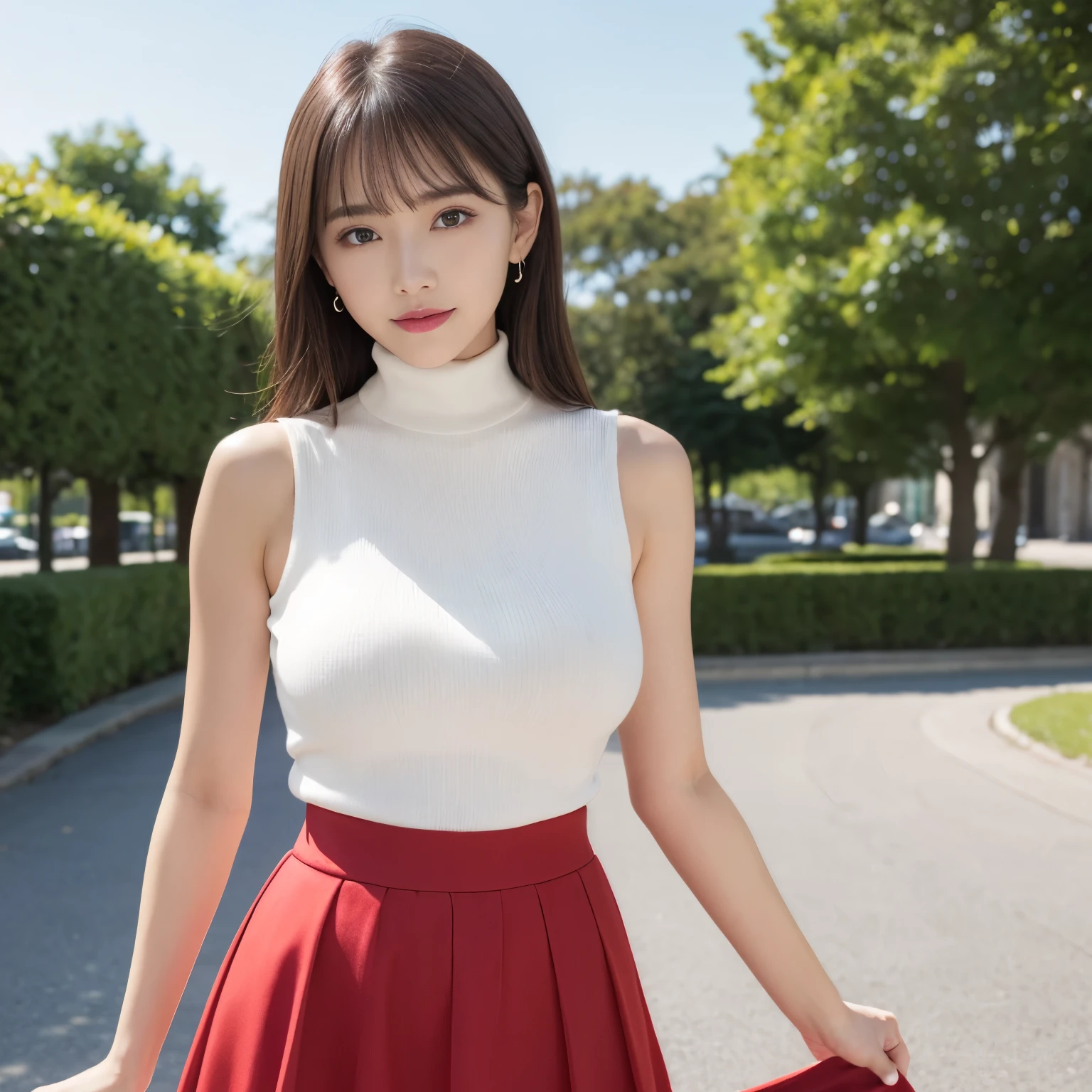 (highest quality、table top、8k、best image quality、Award-winning work)、one beautiful woman、25 years old、(solo:1.1)、perfect beautiful composition、(Huge breasts that are about to burst:1.4)、(perfect fit:1.1)、(emphasize body line:1.1)、(very short very short hair:1.1)、(Perfect center parted bangs:1.1)、slender body、(Perfect white turtleneck sleeveless knit sweater:1.2)、(Elegant red melton skirt:1.2)、(red melton fabric miniskirt:1.1)、(skirt without creases:1.1)、(Boldly exposing her beautiful bare thighs:1.2)、(full body photo:1.2)、look at me and smile、(blurred background:1.1)、(Strongly blurred accurate urban park background:1.1)、Standing gracefully、droopy eyes、natural makeup、Ultra high definition beauty face、ultra high definition hair、Super high-definition sparkling eyes、(Super high-definition shiny white skin:1.1)、Super high resolution glossy lips、accurate anatomy、(very bright and vivid:1.1)、