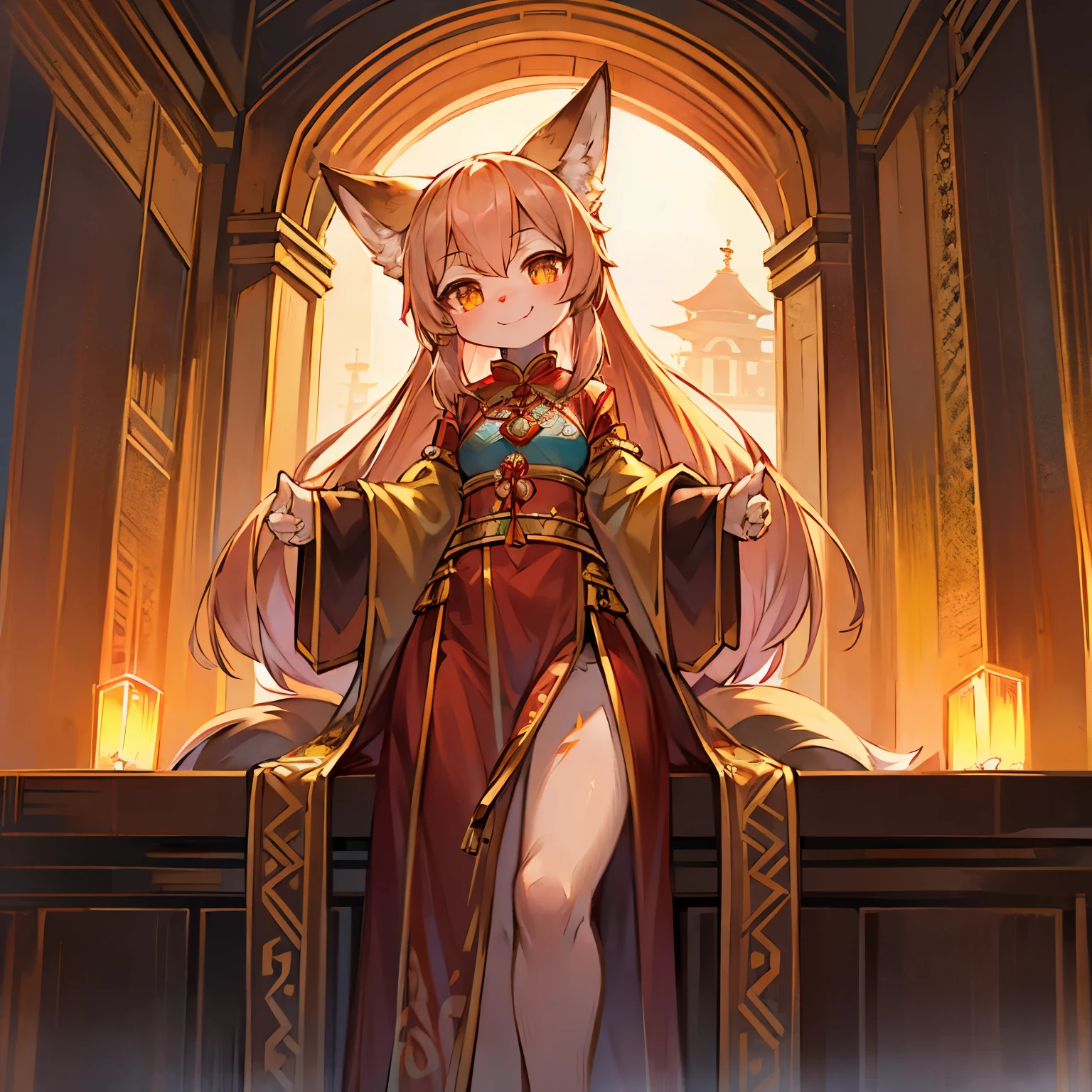 Outside the Royal Palace，Outdoor panorama，fox girl，female focus，Furry loli，Bright Eyes，height 1.6 meters，Chinese traditional ancient costumes，Smile