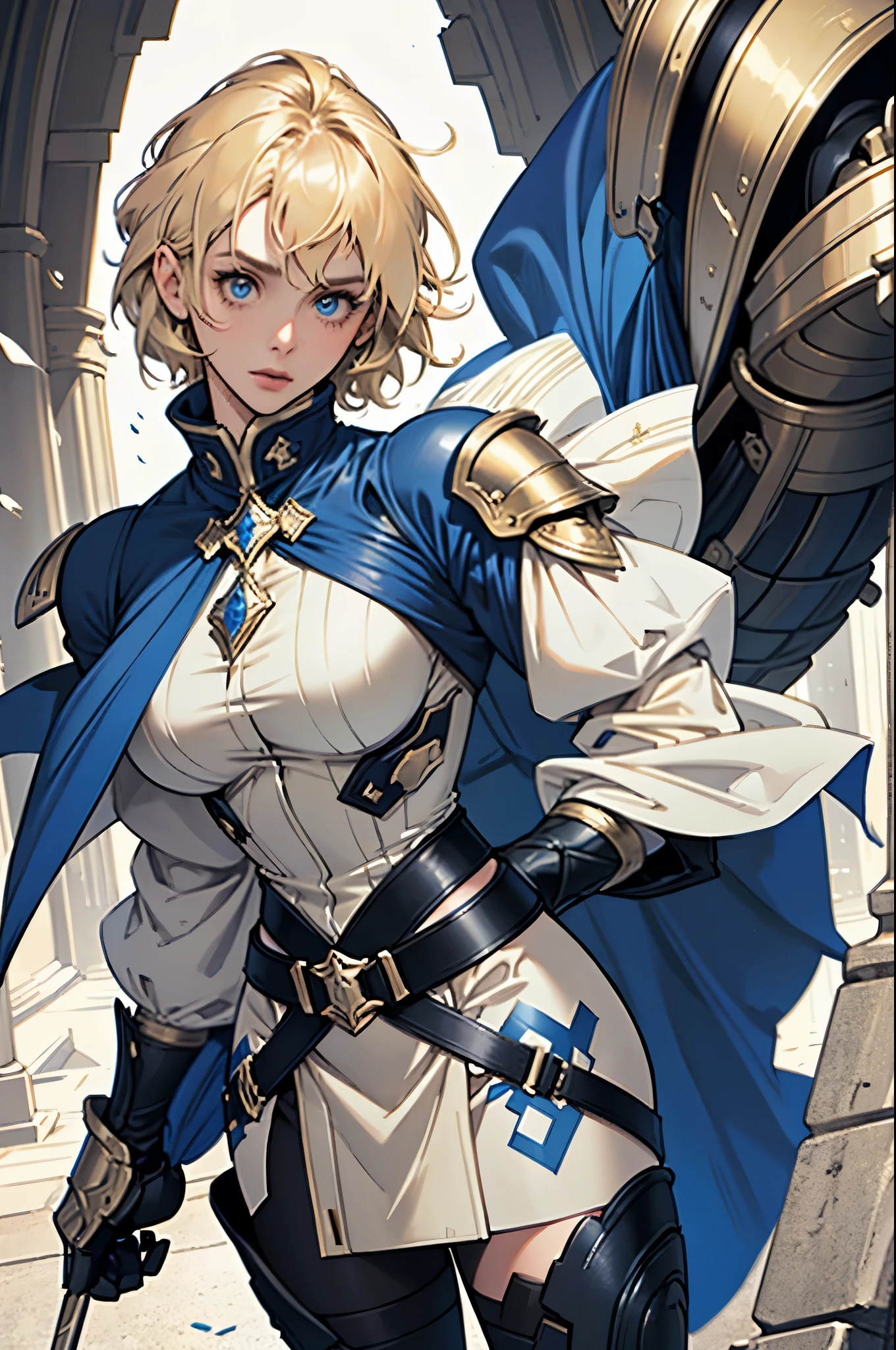 25 year old woman, whole body, with medium blonde hair and realistic silhouette defined, eyes fixed on the front camera, wrapped in a blue cape and a hyper detailed metal armor, all in a FULL HD 8K quality of high definition, ultra detailed definition.
