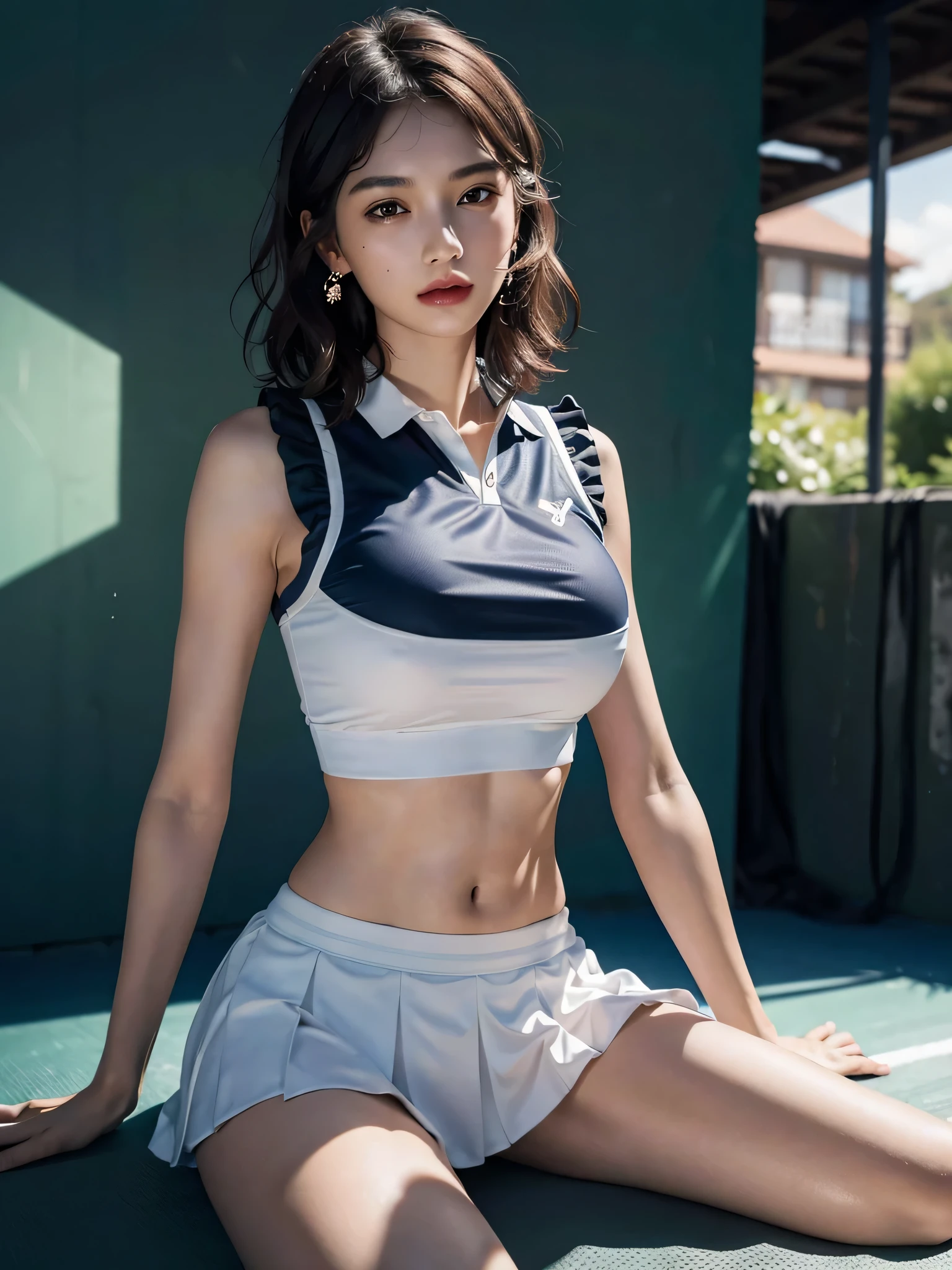 disorganized, RAW photo, very delicate and beautiful, masterpiece, highest quality, ultra high resolution, 16k, surreal, super detailed, perfect anatomy, super dense skin, perfect figure, Highly detailed CG 8k wallpaper, 20's, very slim body, tight waist, very small head, very small face, delicate facial features, tearful mole, earrings, thin legs, (very huge round breasts:1.2), (full body shot:1.1), (1 girl:1), short hair, (wavy hair:1.1), (tennis uniform:1.2), No sleeve, abdomen,