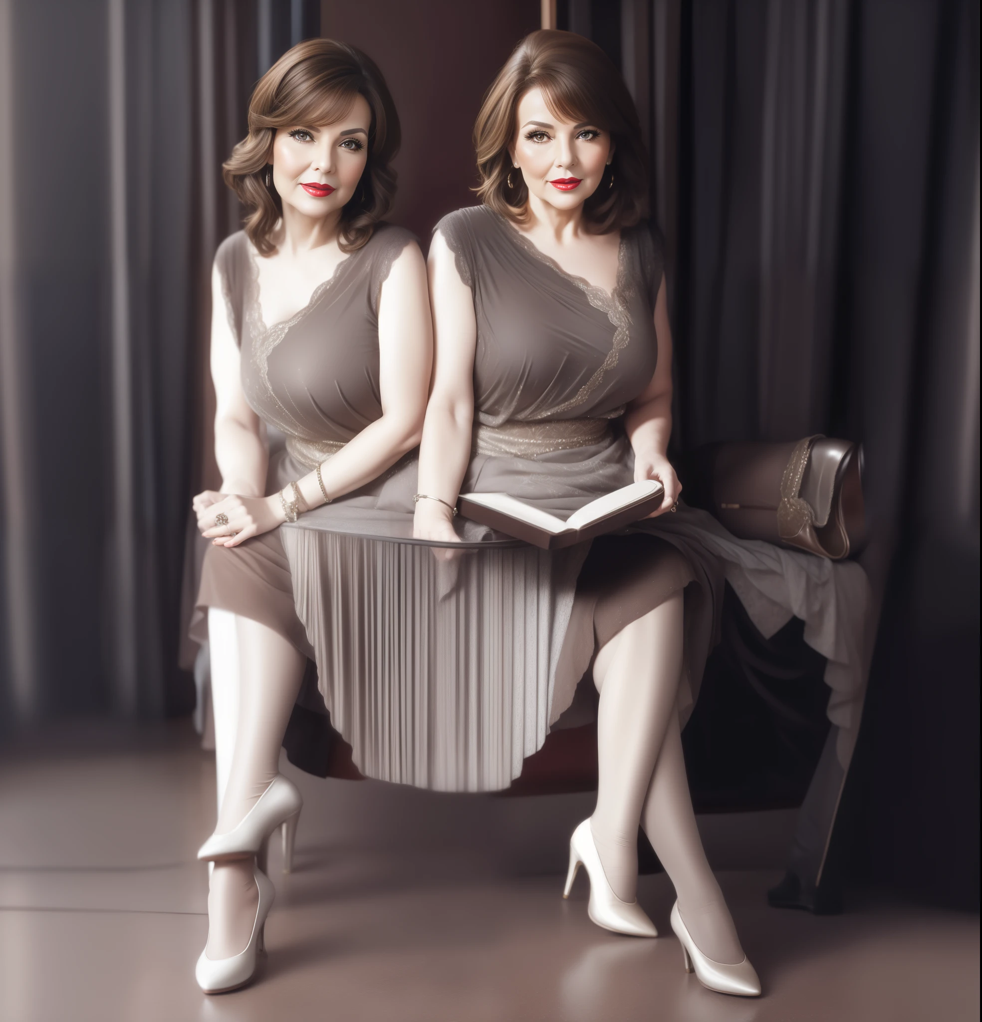 2 heads,Portrait of a 60 year old woman with short brown hair, captivating gaze, brown eyes, wrinkles on her face, black pantyhose,high heel boots,reveal her big saggy breasts, light makeup and red lips. 32K