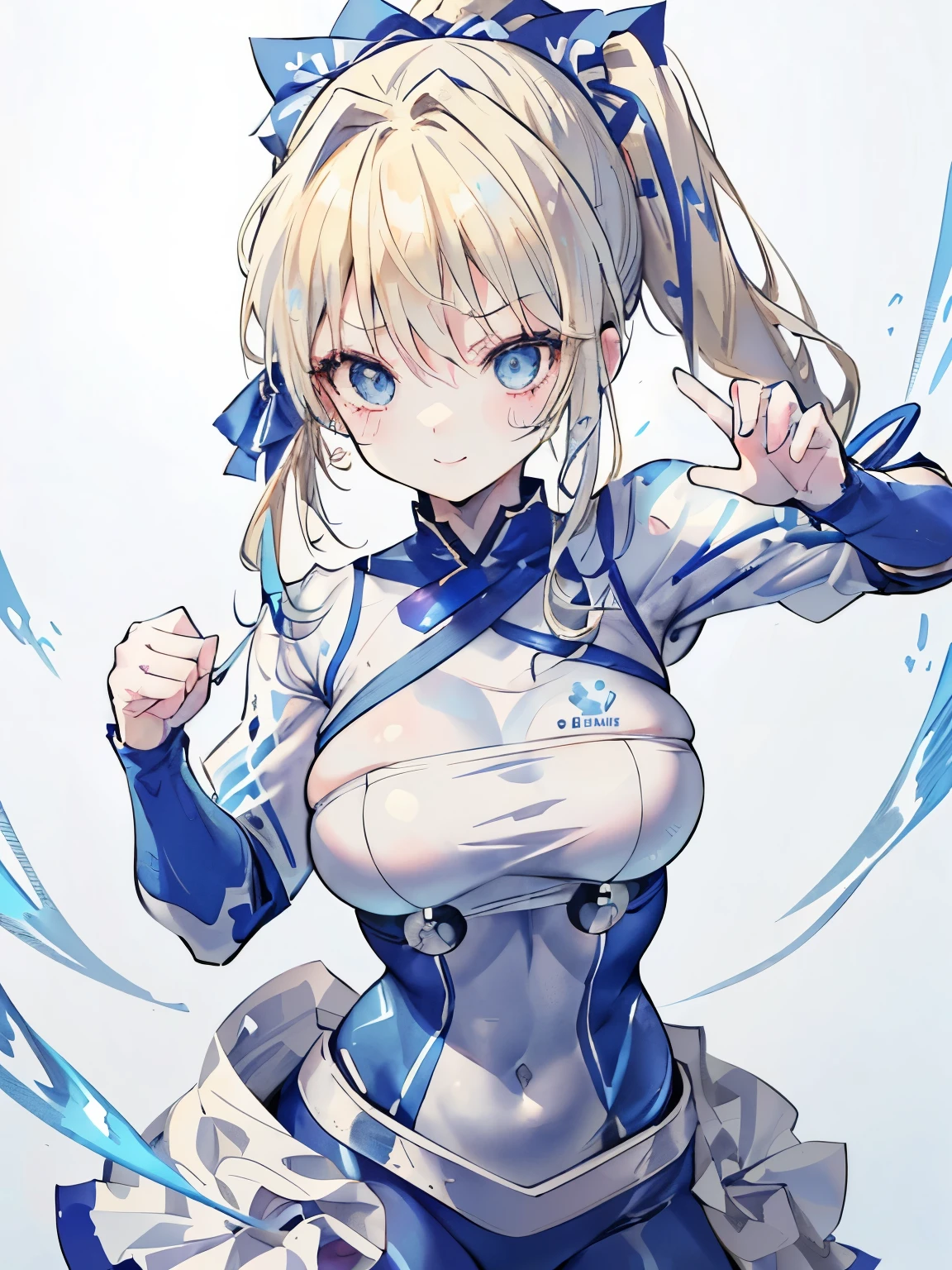 girl,((blonde)),(Side ponytail tied around the temporal lobe:1.2),(hair tied together),(blue ribbon at the knot:1.2),((Clear blue eyes)),((fighting pose:1.2)),((A tight-fitting costume that looks like a battle suit:1.4)),((Fighting game style:1.3)),((Smile triumphantly)),(close up of face:1.3)