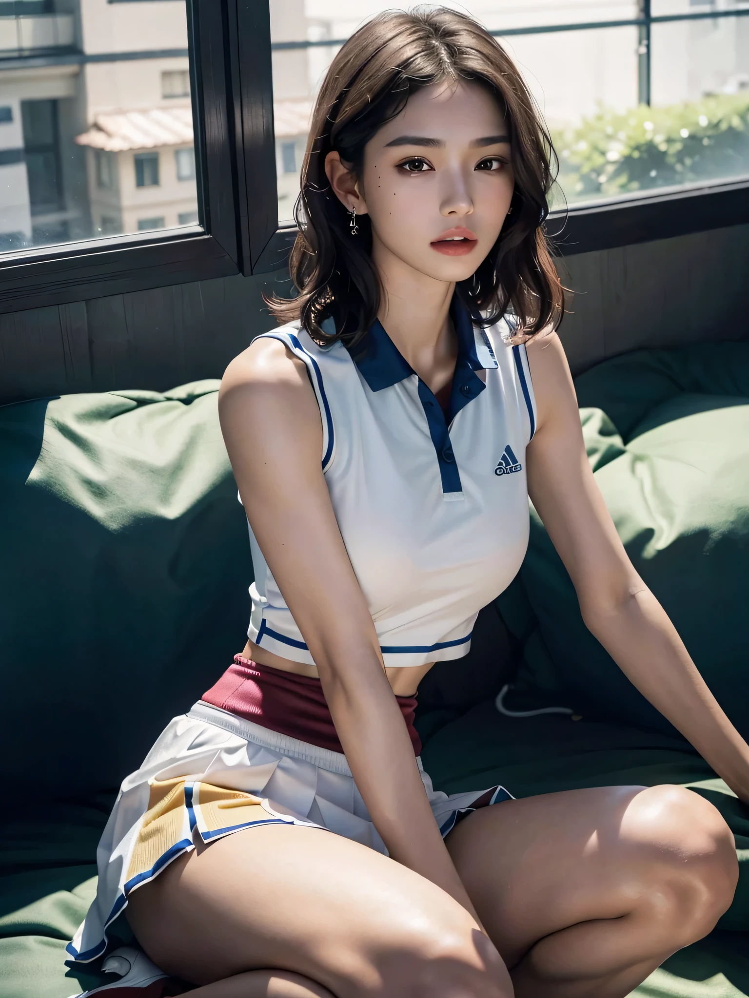 absurdres, RAW photo, extremely delicate and beautiful, masterpiece, Best Quality, ultra high resolution, 16k, hyperrealistic, ultra-detailed, perfect anatomy, super Detailed skin, perfect figure, Very detailed CG 8k wallpaper, in her 20s, very Slim body, narrow waist, very small head, very small face, Very detailed face, Very detailed eyes, tearful mole, earring, thin legs, ((very huge round breasts)), 1 girls, ((full body shot)), bare legs, short hair, wavy hair, light brown hair, ((soccer uniform)), (locker room), sleeveless, midriff,Real,