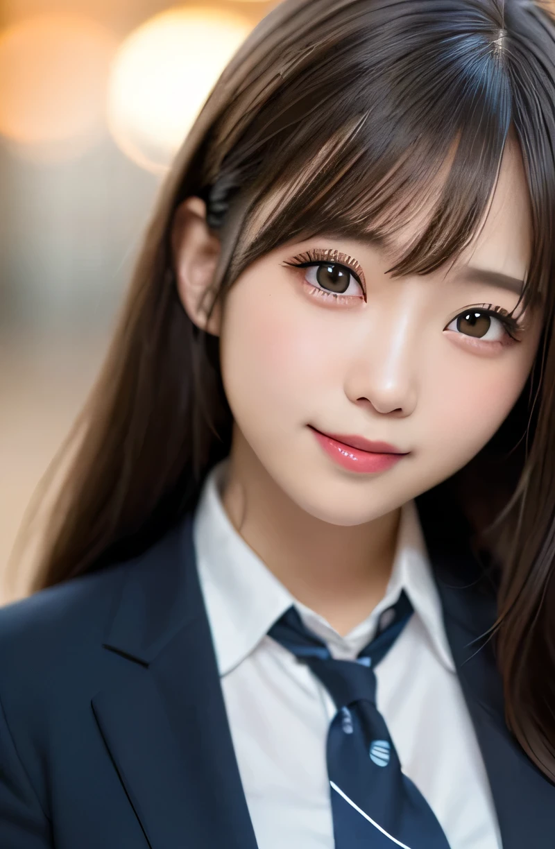 table top, highest quality, super detailed, finely, High resolution, 8k wallpaper, perfect dynamic composition, 1 girl, japanese girl, enchanting smile, smile shyly, beautiful, Very good-looking, cute like a doll, female idol, round big eyes, droopy eyes, small nostrils, 緻密でbeautiful目, natural lip,blazer ,school uniform, big breasts, bust shot, soft light, using a reflector, (50mm lens:1.3), f/1.4, (Bokeh:1.4), (blurred background:1.4),