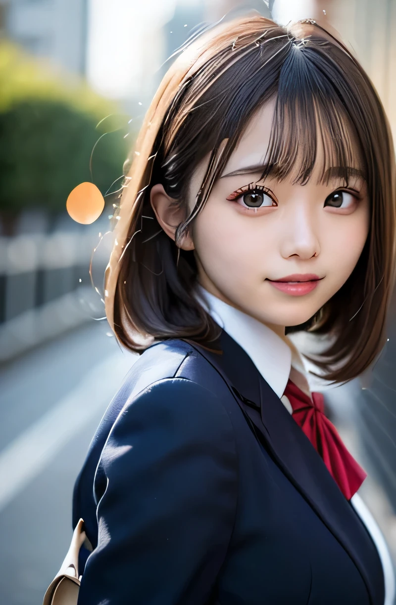 (Close-up portrait of a slender small-breasted twin-braided silver-haired girl wearing a black blazer uniform with a red-trimmed collar and a black skirt:1.5)、(A girl looking up at the sky with a sad face on a Japanese country road:1.5)、(Uniform with a black blazer and a skirt with a red edging collar:1.5)、(Blurry background:1.5)、(red sky at sunset:1.5)、(Perfect Anatomy:1.3)、(complete hands:1.3)、(complete fingers:1.3)、Photorealsitic、Raw photography、masutepiece、top-quality、hight resolution、delicate and pretty、face perfect、Beautiful detailed eyes、Fair skin、Real Human Skin、((thin legs))、(Dark hair)