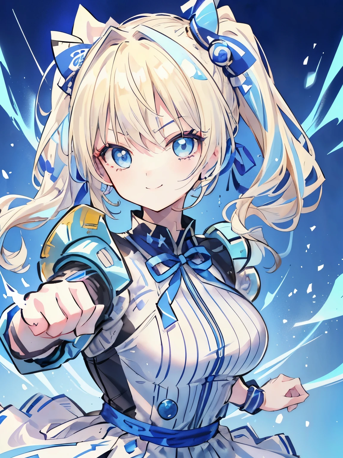 girl,((blonde)),(Side ponytail tied around the temporal lobe:1.2),(hair tied together),(blue ribbon at the knot:1.2),((Clear blue eyes)),((fighting pose:1.2)),((A costume that looks like a battle suit:1.4)),((Fighting game style:1.3)),((Smile triumphantly)),(close up of face:1.3)