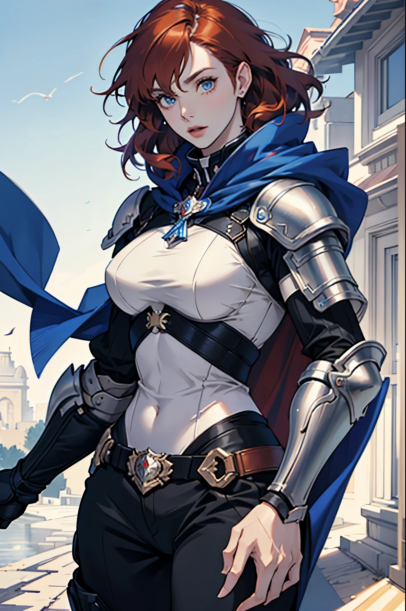 25 year old woman, whole body, Defined medium red hair and realistic silhouette, eyes fixed on the front camera, wrapped in a blue cape and a hyper detailed metal armor, all in a FULL HD 8K quality of high definition, ultra detailed definition.