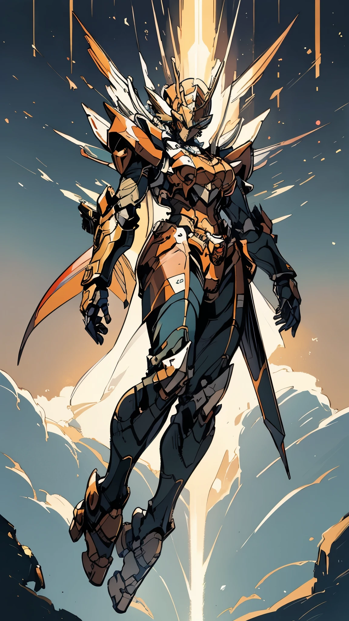 A woman adorned in fantasy-style full-body armor, a crown-concept fully enclosed helmet that unveils only her eyes, a composite layered chest plate, fully encompassing shoulder and hand guards, a lightweight waist armor, form-fitting shin guards, the overall design is heavy-duty yet flexible, (the armor gleams with a golden glow, complemented by red and blue accents), exhibiting a noble aura, she floats above a fantasy-surreal high-tech city, this character embodies a finely crafted fantasy-surreal style armored hero in anime style, exquisite and mature manga art style, (mixture of Queen bee and Spider concept Armor, plasma), ((Element, elegant, goddess, femminine:1.5)), metallic, high definition, best quality, highres, ultra-detailed, ultra-fine painting, extremely delicate, professional, anatomically correct, symmetrical face, extremely detailed eyes and face, high quality eyes, creativity, RAW photo, UHD, 32k, Natural light, cinematic lighting, masterpiece-anatomy-perfect, masterpiece:1.5