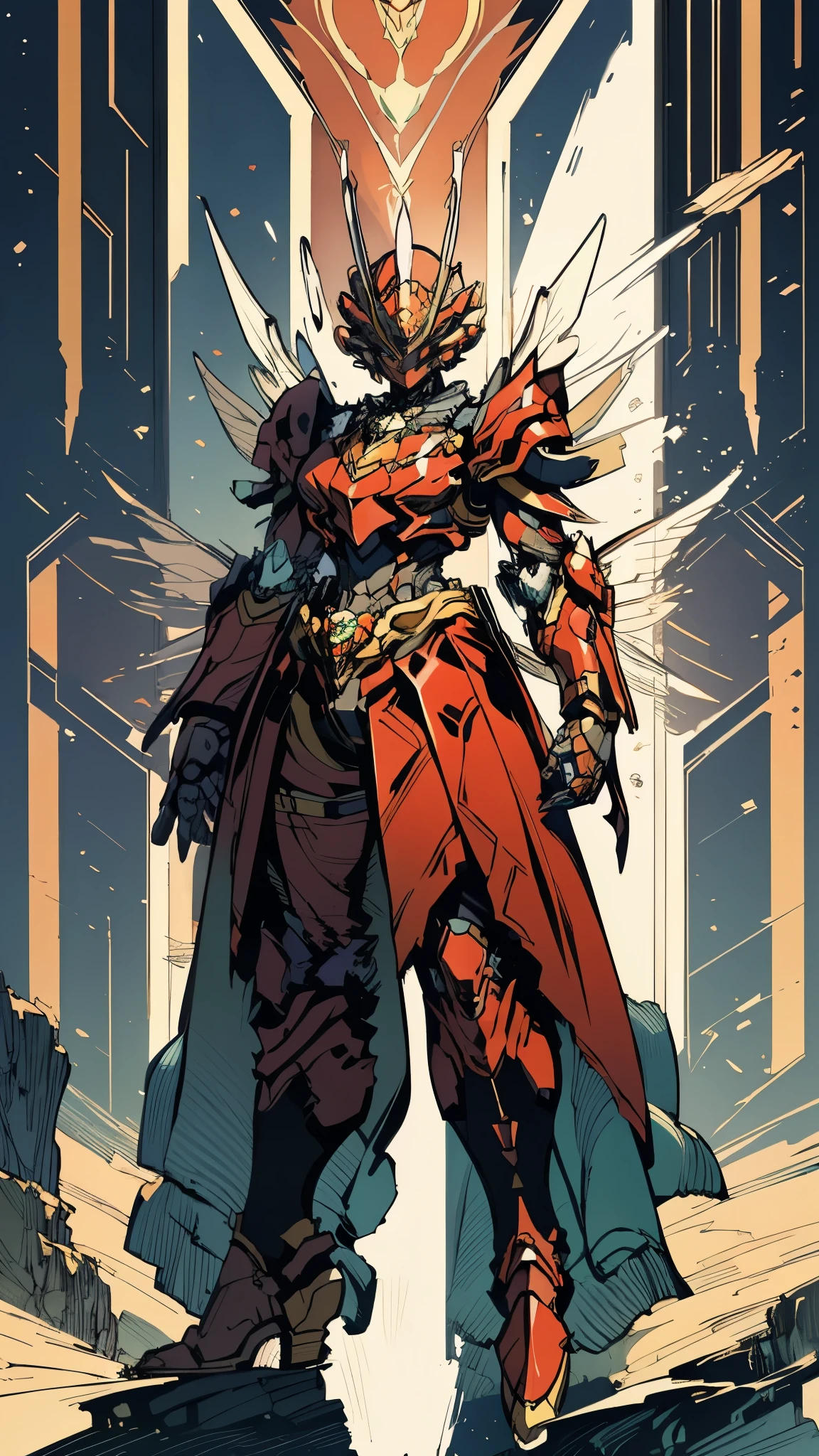 A woman adorned in fantasy-style full-body armor, a crown-concept fully enclosed helmet that unveils only her eyes, a composite layered chest plate, fully encompassing shoulder and hand guards, a lightweight waist armor, form-fitting shin guards, the overall design is heavy-duty yet flexible, (the armor gleams with a golden glow, complemented by red and blue accents), exhibiting a noble aura, she floats above a fantasy-surreal high-tech city, this character embodies a finely crafted fantasy-surreal style armored hero in anime style, exquisite and mature manga art style, (mixture of Queen bee and Spider concept Armor, plasma), ((Element, elegant, goddess, femminine:1.5)), metallic, high definition, best quality, highres, ultra-detailed, ultra-fine painting, extremely delicate, professional, anatomically correct, symmetrical face, extremely detailed eyes and face, high quality eyes, creativity, RAW photo, UHD, 32k, Natural light, cinematic lighting, masterpiece-anatomy-perfect, masterpiece:1.5