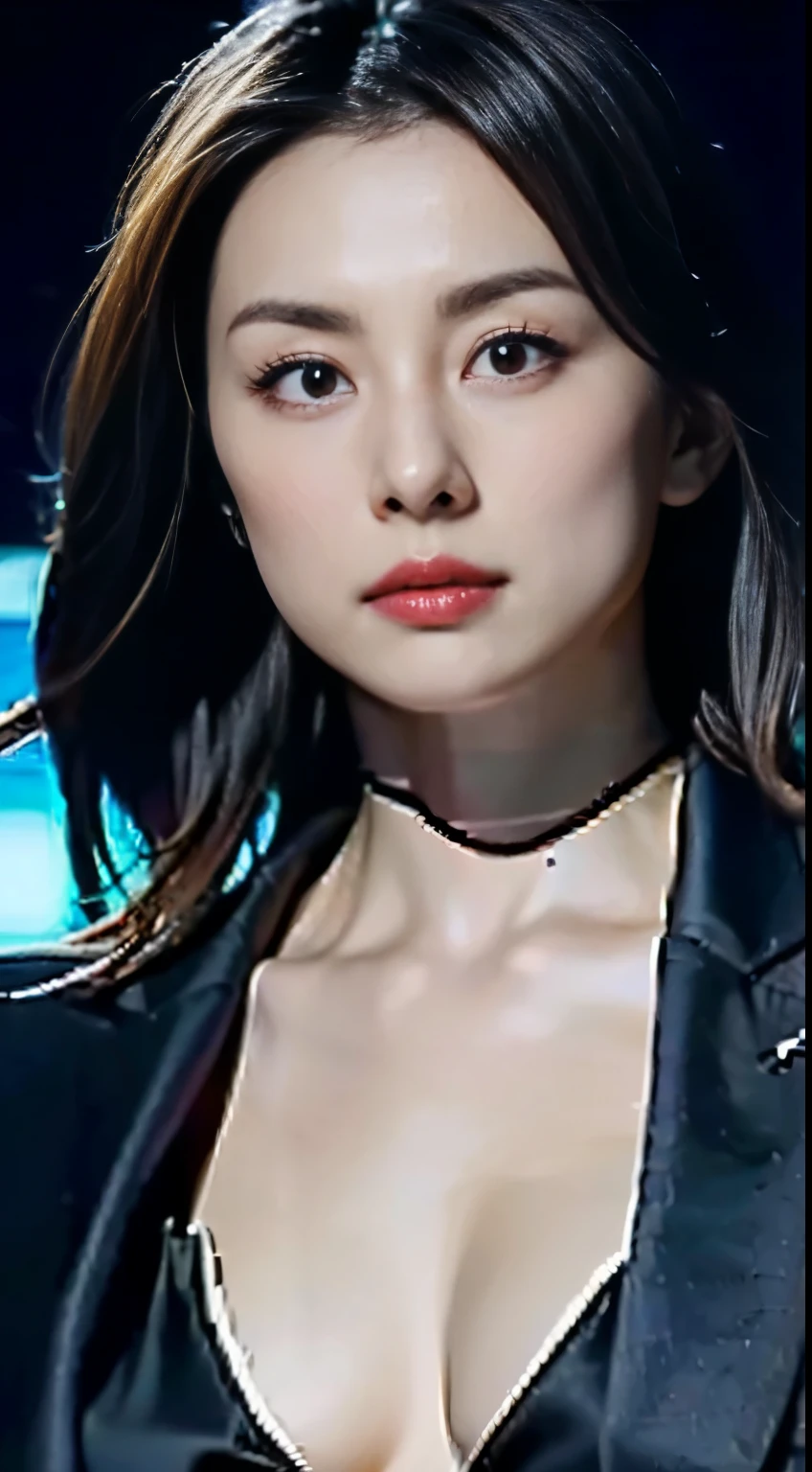 dark and gloomy, 8k, Close-up of a 30-year-old brunette Brazilian businessman on a dark background at night, (Real dark brown hair is straight、there are waves of light) , compensate, red lips, brown eyes, (Wearing a black Chanel tailored blazer, Black silk blouse and black straight pants), looking confident, surreal, {girl with very beautiful olive skin},  (highly detailed skin: 1.2) {{{masterpiece}}}, realistic texture, dynamic composition, Fujifilm XT2, 85mm F1.2, shutter speed 1/80, (Bokeh), high contrast、