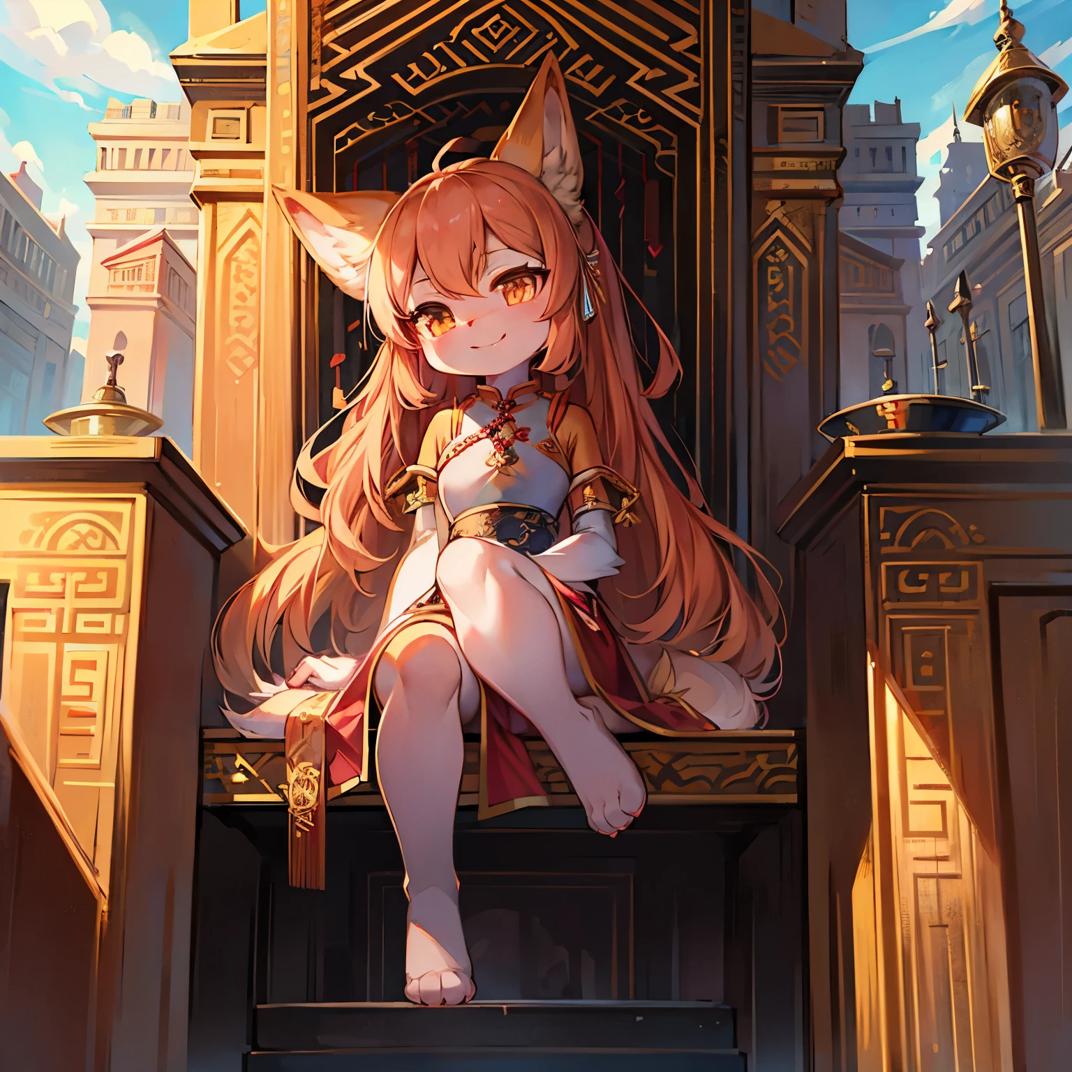Outside the Royal Palace,Outdoor panorama,fox girl,female focus,Furry loli,Bright Eyes,height 1.6 meters,Chinese traditional ancient costumes,Smile