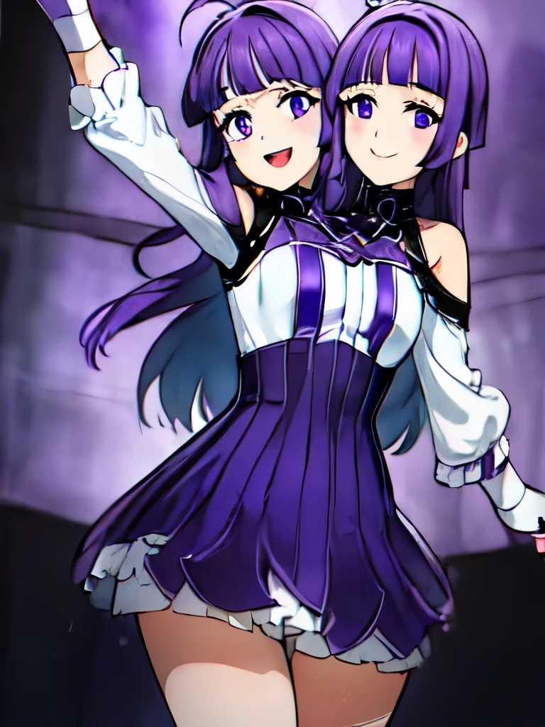 masterpiece, best quality, ultra-detailed, illustration), (2heads:1.5), two headed girl, kula diamond and Athena Asamiya, (one torso:1.5), fighting pose, full body, white skin, large breasts, same ages, (two heads on one body:1.4), (first head light blue long hair, light blue eyes, happy, open mouth:1.5), (second head violet long hair, violet eyes, shy, smile:1.5), conjoined, one torso, young, fusion, merge, merged, white background