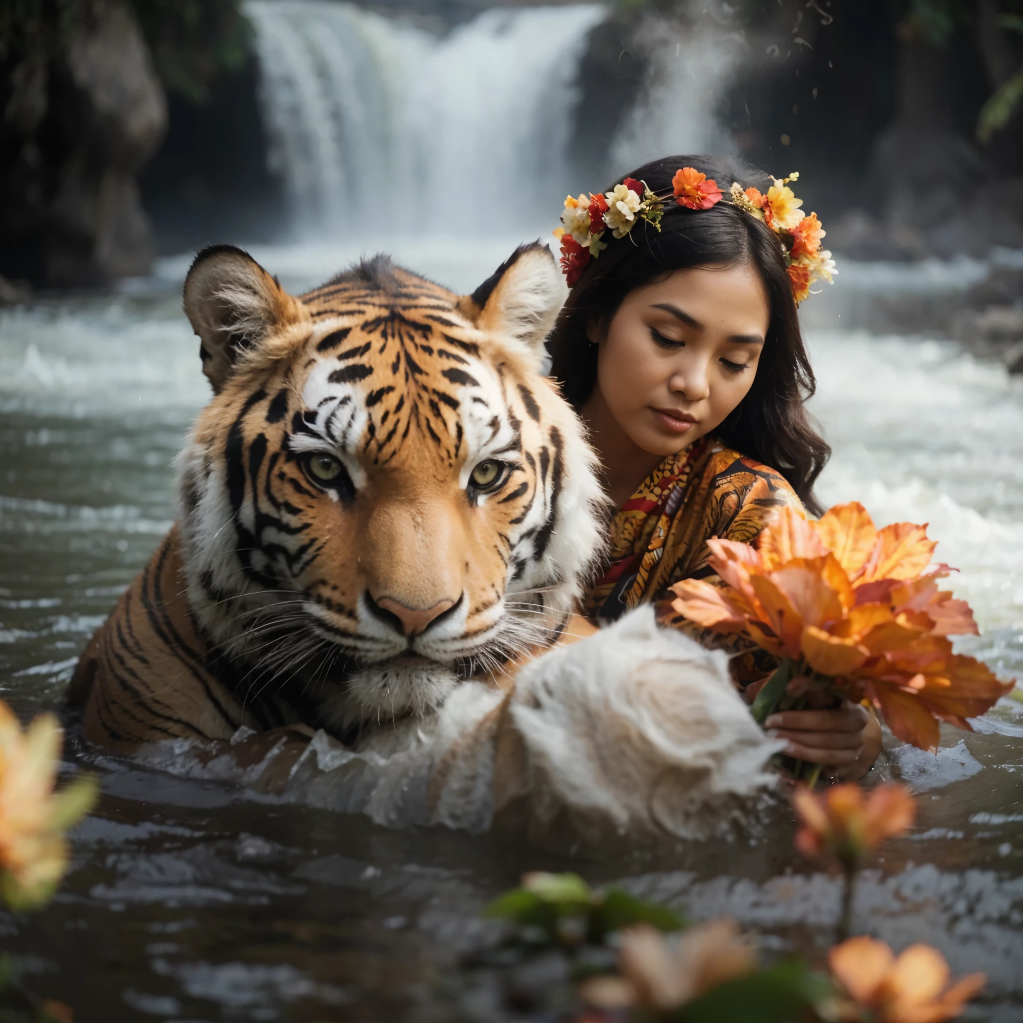 Indonesia plump woman, batik, with tiger