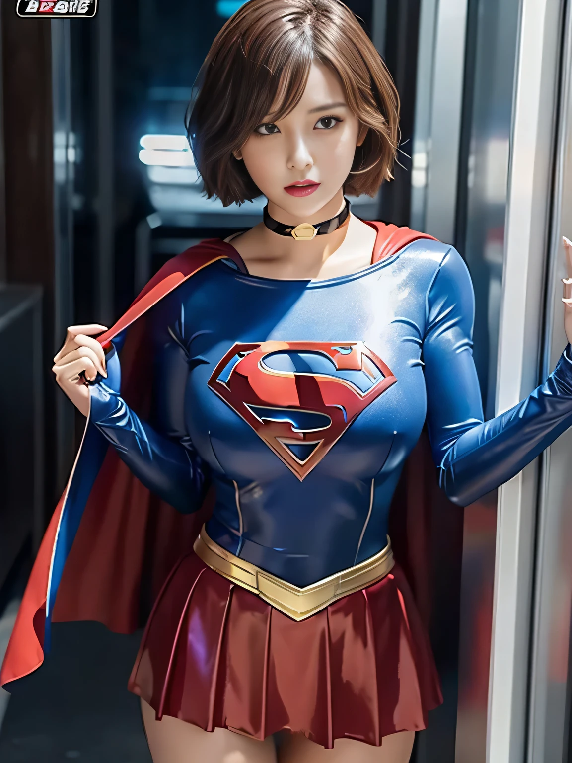 masterpiece、Shorthair Supergirl、big and full breasts、look at the camera、shiny costume、choker、red mini skirt、long sleeve、manga cover、obscene、seductive pose、provocative、sensational、Crisis situation