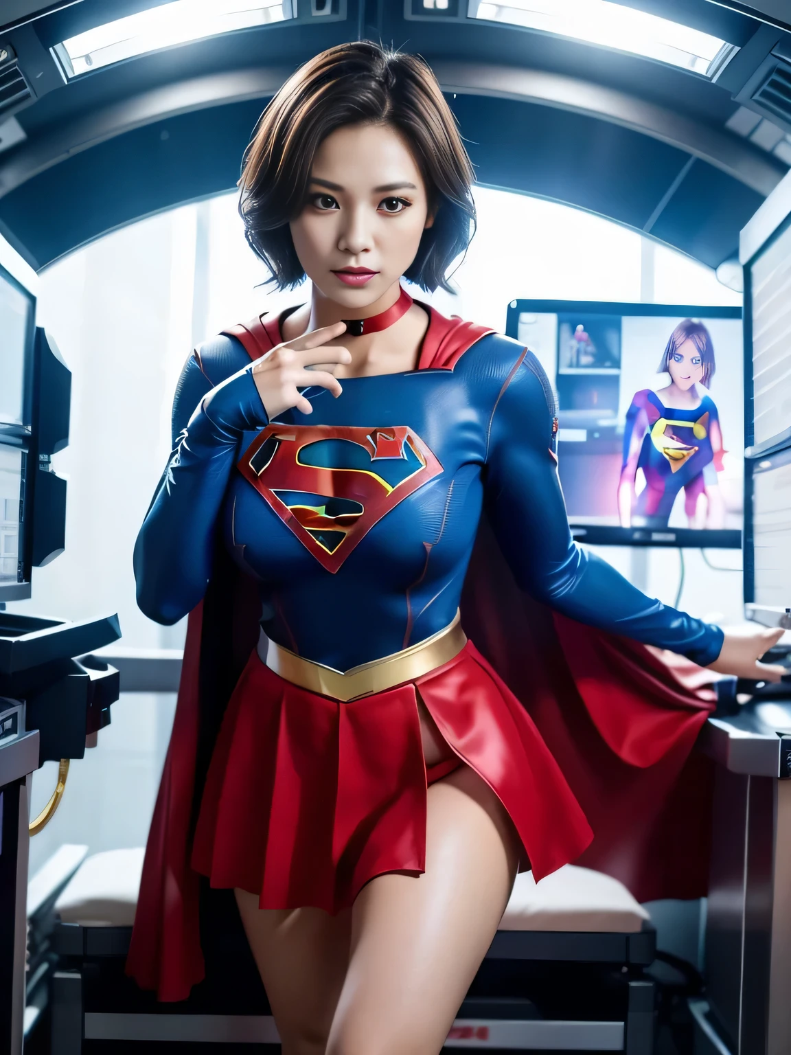 masterpiece,supergirl costume, short hair, barefoot, big and full breasts、operating room、operating table、straddle、damaged、shiny costume、choker、red mini skirt、long sleeve、looking at camera、seductive gesture、Crisis situation