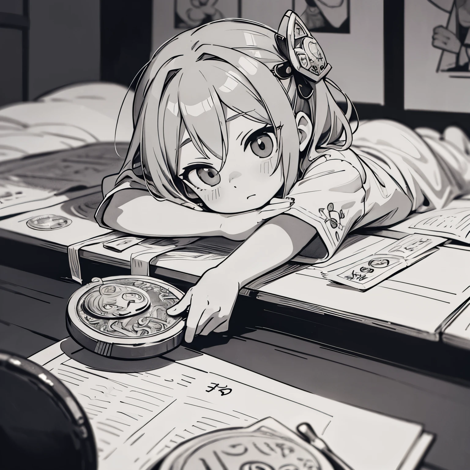 A monochrome photograph that tells a story - a silver coin with a hand-painted anime character on its front. The chibi girl's deformed features and playful expression make this coin a unique and captivating piece of art. The level of detail in this image will leave you in awe.