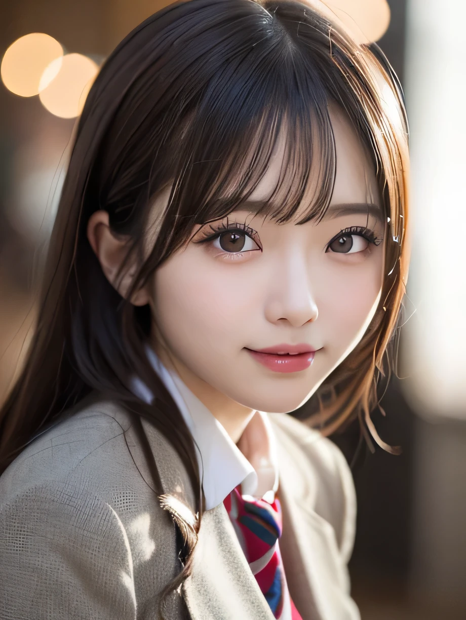 table top, highest quality, super detailed, finely, High resolution, 8k wallpaper, perfect dynamic composition, 1 girl, japanese girl, enchanting smile, smile shyly, beautiful, Very good-looking, cute like a doll, female idol, round big eyes, droopy eyes, small nostrils, 緻密でbeautiful目, natural lip,blazer ,school uniform, big breasts, bust shot, soft light, using a reflector, (50mm lens:1.3), f/1.4, (Bokeh:1.4), (blurred background:1.4),
