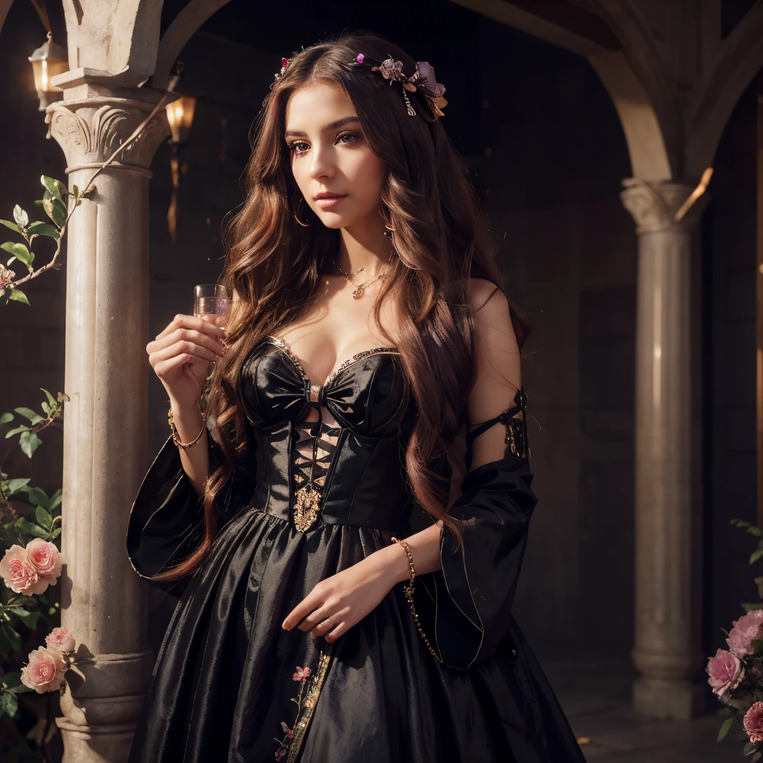 1girl, long_hair, bright_hair_color, seductive_eyes, mysterious_expression, mature_appearance, glamorous_outfit, flowing_dress, elegant_jewelry, intricate_embellishments, magic_symbols, glowing_accessories, potions, scrolls, cute_accents, bows, ribbons, flowers,