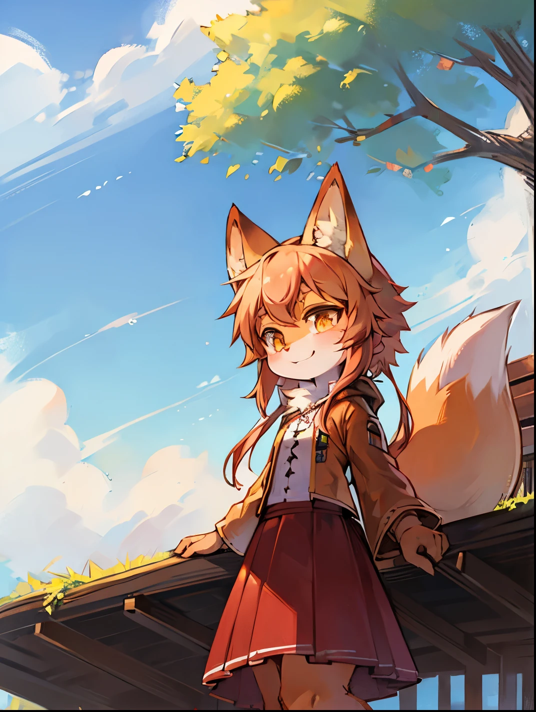 Panoramic outdoor views，fox girl，female focus，Furry Shota，Bright Eyes，Height 1.6 meters，summer coat，summer skirt，Smile