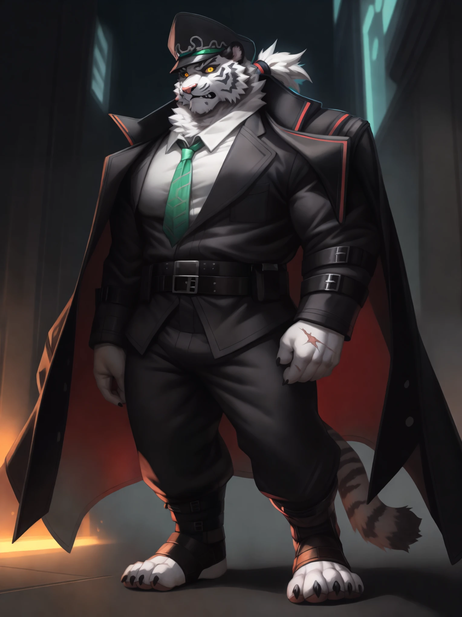 solo,anthro,furry,furry male, tiger,((fluffy fur,fluffy,furry body)), scars, Tiger print), white body, grey stripes. yellow glowing eyes,black sclera, tail,detailed fluffy fur,detailed face,detailed eyes, hat, jacket, white shirt, ponytail, collared shirt, belt, uniform, coat, black headwear, facial hair, fangs, military hat, toeless legwear, green necktie, coat on shoulders,,full body, claws, cyberpunk,(by null-ghost,by raccoon21,masterpiece,high quality,hi res,8k hd),standing,close-view portrait,looking at viewer,night,indoor,black clothes, menacing, teeth, ,angry, dark shadows, detailed eyes, detailed clothes, 5 fingers.