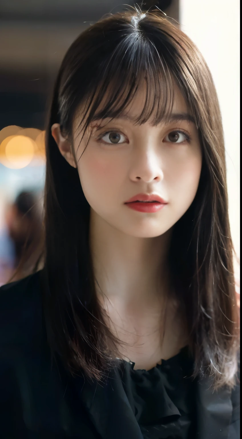 dark and gloomy, 8k, Close-up of a 30-year-old brunette Brazilian businessman on a dark background at night, (Real dark brown hair is straight、there are waves of light) , compensate, red lips, brown eyes, (Wearing a black Chanel tailored blazer, Black silk blouse and black straight pants), looking confident, surreal, {girl with very beautiful olive skin}, (highly detailed skin: 1.2) {{{masterpiece}}}, realistic texture, dynamic composition, Fujifilm XT2, 85mm F1.2, shutter speed 1/80, (Bokeh), high contrast、