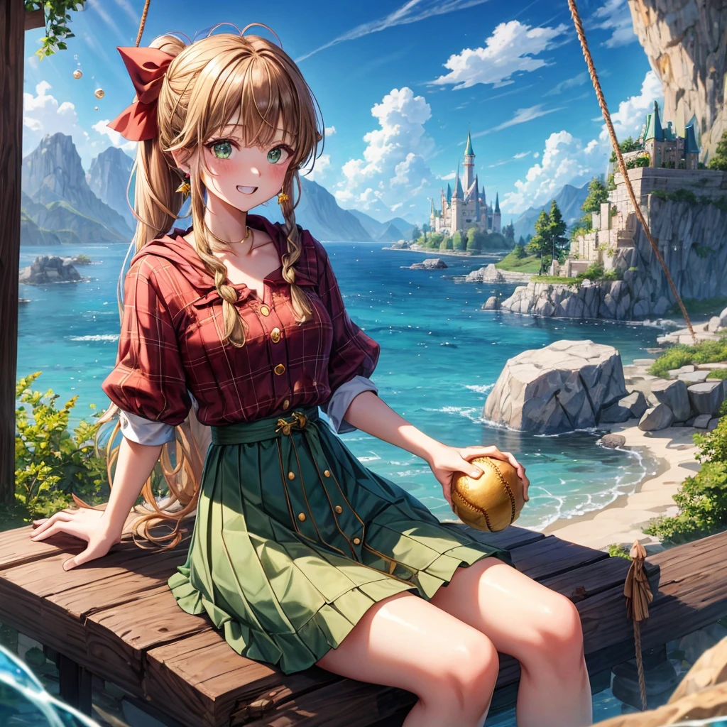 reddish-brown blonde、green eyes、Braid、ponytail、one good looking girl、solo、anime、plaid mini skirt、the skirt has buttons、camisole、black t-shirt、dress、wearing a ribbon、ribbon at waist、cloak、Crystal Grotto、hood、desert、clouds are swirling、stone slabs are piled up、one hand raised、Wearing a baseball cap 、crystal earrings、sun、sitting、gold coins are falling、teeth are visible、splash of water、monster castle、have a world map、bow、Swing、ceiling、frying pan