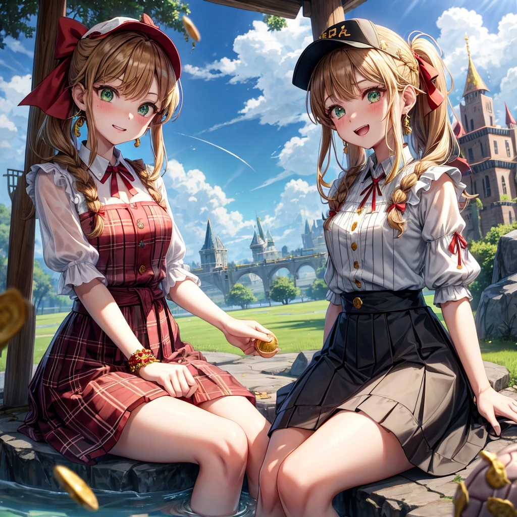 reddish-brown blonde、green eyes、Braid、ponytail、one good looking girl、solo、anime、plaid mini skirt、the skirt has buttons、camisole、black t-shirt、dress、wearing a ribbon、ribbon at waist、cloak、Crystal Grotto、hood、desert、clouds are swirling、stone slabs are piled up、one hand raised、Wearing a baseball cap 、crystal earrings、sun、sitting、gold coins are falling、teeth are visible、splash of water、monster castle、have a world map、bow、Swing、ceiling、frying pan