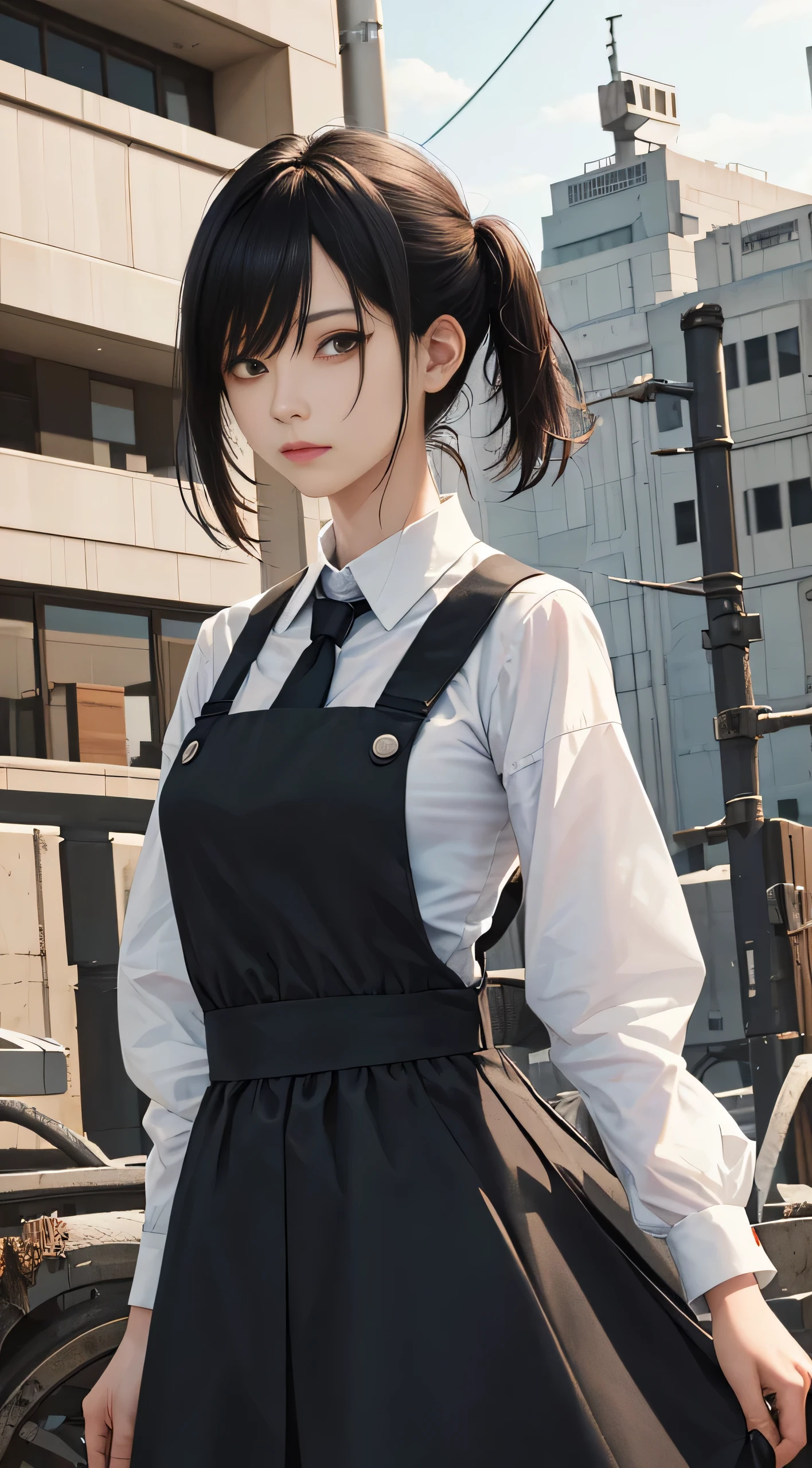 (masterpiece, best quality), one solo female focus character from the anime "Chainsaw Man" named Yoru, (very detailed face with a real image of expressive white skin and intricate features), upper body showcased with serious intensity, (realistic brown eyes softly looking at the viewer), bandages meticulously covering her body, (long black hair flowing freely), wearing a far sleeve shirt and a pinafore dress, accessorized with a black necktie, and adorned with additional bandages.